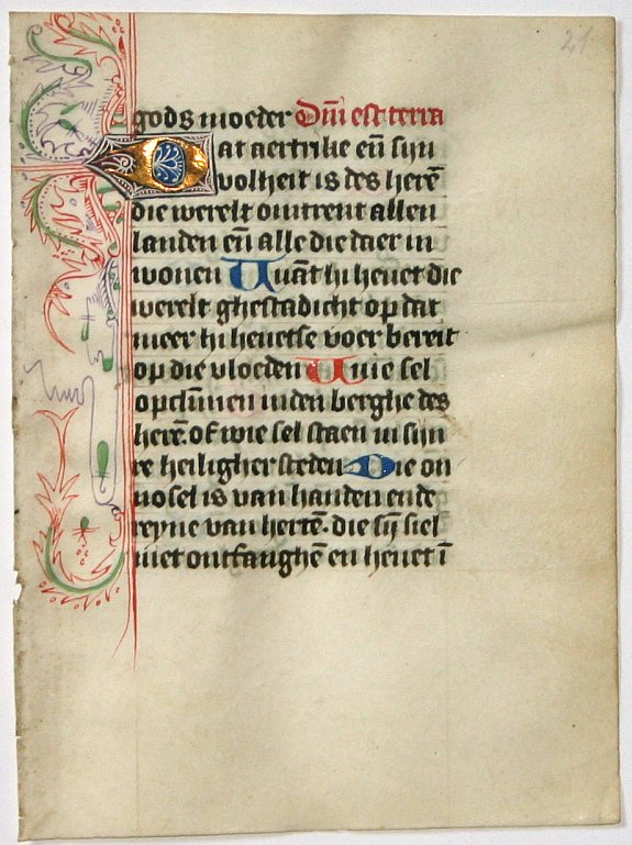 BOOK OF HOURS, Leaf on vellum from a Dutch manuscript Book of Hours., antique map, old maps