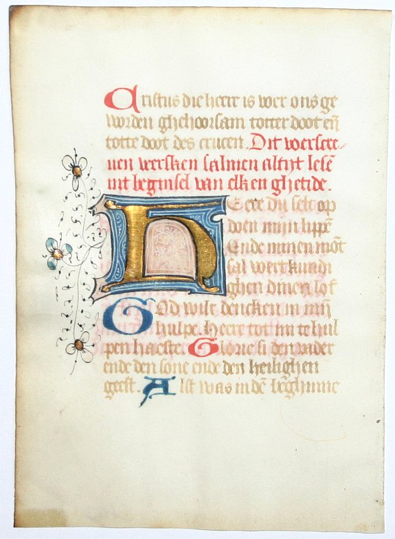 BOOK OF HOURS, Leaf on vellum from a Dutch manuscript Book of Hours., antique map, old maps