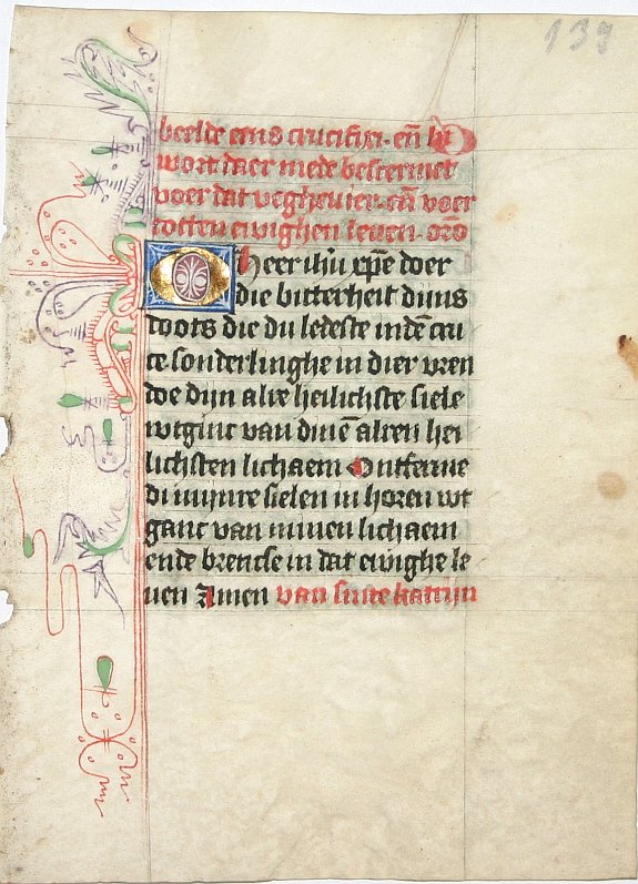 BOOK OF HOURS, Leaf on vellum from a Dutch manuscript Book of Hours., antique map, old maps