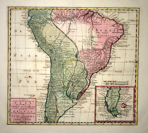 TIRION,I, Kaart van het Onderkoningschap van Peru, zig uitstrekkende over Chili, Paraguay en andere Spaansche Landen: als ook van Brazil en verdere Bezitting en van Portugal in Zuid - Amerika., antique map, old maps