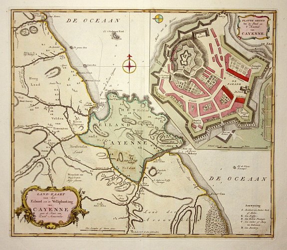TIRION,I, Land-Kaart van het Eiland en de Volkplanting van Cayenne., antique map, old maps