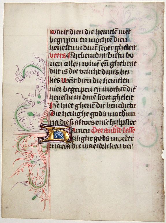 BOOK OF HOURS, Leaf on vellum from a Dutch manuscript Book of Hours., antique map, old maps