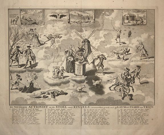 ANONYMOUS., De verslagen actionist in de stoel met rinkels.., antique map, old maps