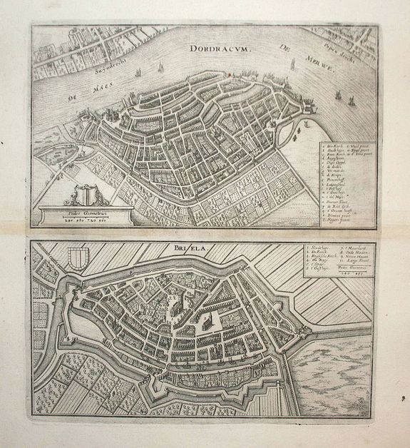 MERIAN, M., Dordracum (Dordrecht) and Briela (Briele), antique map, old maps