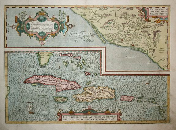 ORTELIUS,A., Culiacanae, Americae Regionis Discriptio / Hispaniolae, Cubae, Aliarumque Insularum Circumiacientium, Delineatio, antique map, old maps