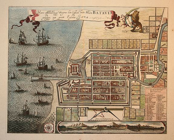 COVENS, J./ MORTIER,P., Waere Affbeeldinge Wegens het Casteel ende Stadt Batavia Gelegen opt Groot Eylant Java., antique map, old maps