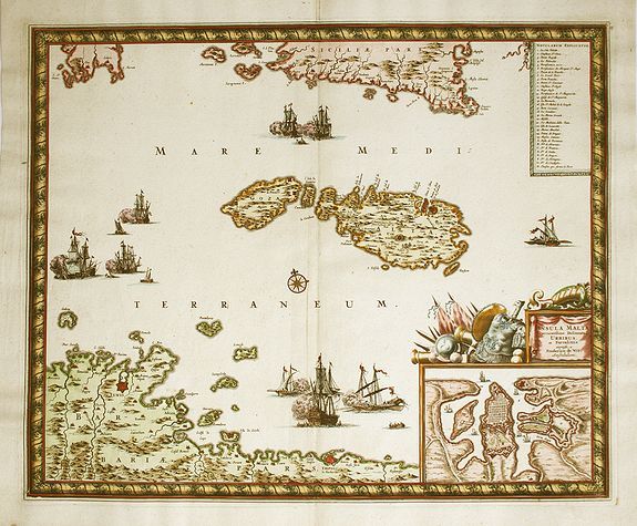 WIT,F. de., Insula Malta Accuratissime Delineata, Urbibus et Fortalitiis, antique map, old maps