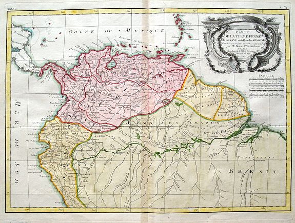 BONNE, R. / LATTRE, J., Carte De La Terre Ferme, de la Guyane, et du Pays des Amazones..., antique map, old maps