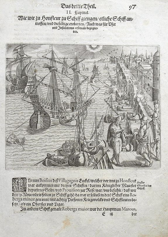 BRY, T. d., Wie wir zu Honfleur zu Schiff giengen... (Honfleur, Normandy), antique map, old maps