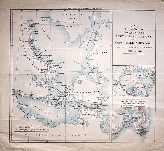 G. Hansen., Map to Illustrate The Voyage And Artic Explorations of Capt Roald Amundsen From Surveys by Lieut. G. Hansen. 1903 to 1906. , antique map, old maps