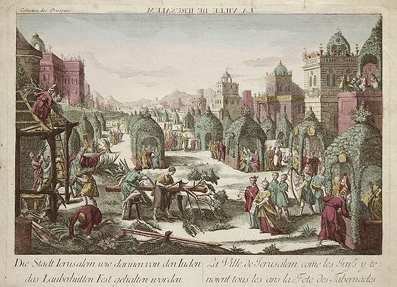 ANONYMOUS., La ville de Ierusalem/ Die Stadt Jerusalem wie darinnen von den Juden das Laubhüttenfest gehalten worden/ La ville de Jerusalem come les Juifs y tenoient tour les ans la Fete des Tafellands., antique map, old maps
