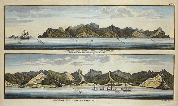 ANSON, George., Aussicht der Insel Juan Fernandes/Aussicht von Cumberland Bay., antique map, old maps