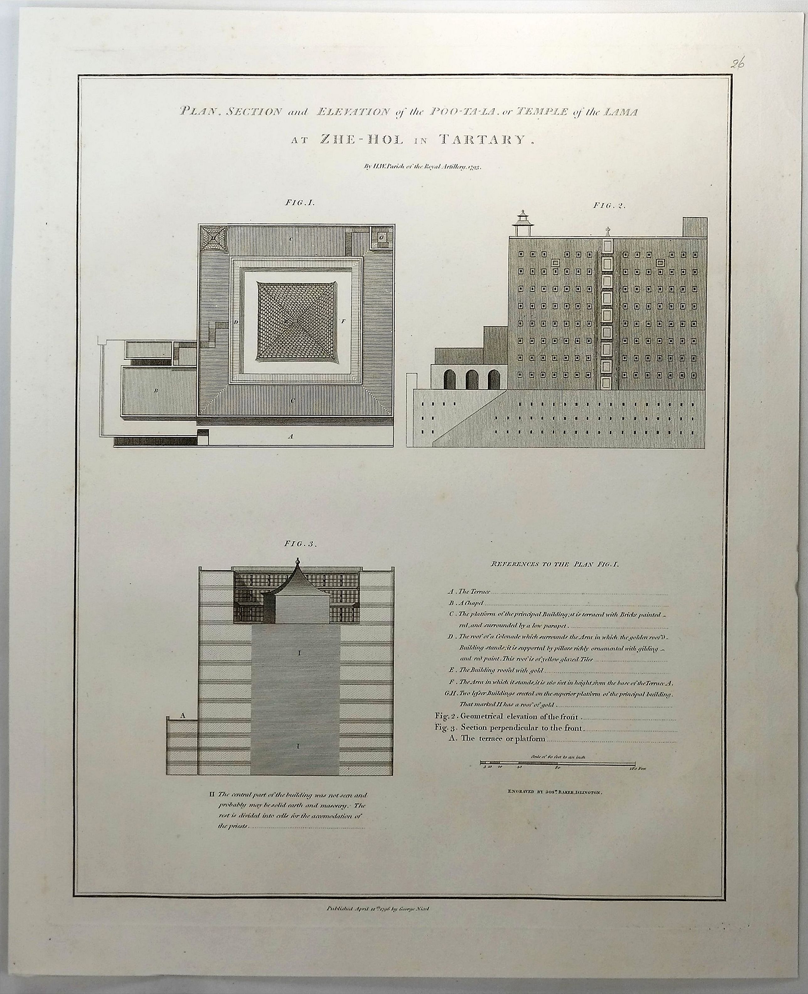 ALEXANDER, W., Plan, Section and Elevation of the Poo-Ta-La or Temple of the Lama at Zhe-Hol in Tartary., antique map, old maps