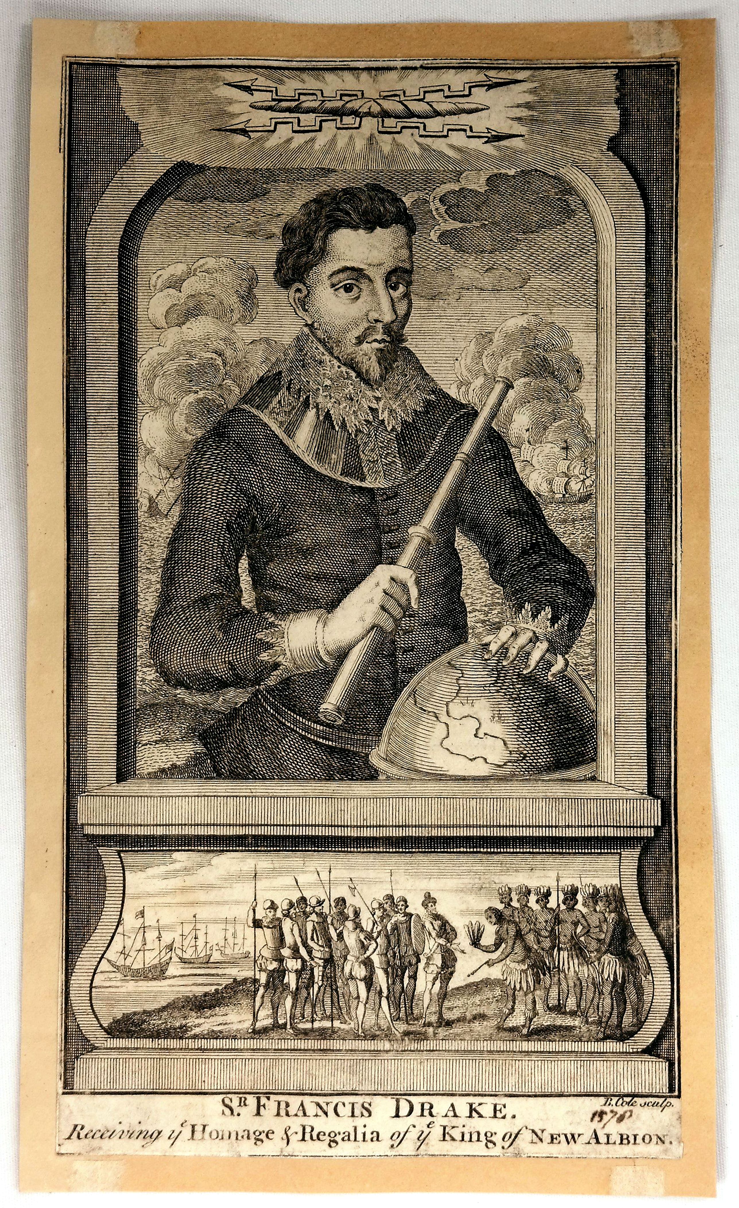 HOUBRAKEN, J., Sr. Francis Drake. Receiving ye Homage & Regalia of ye King of New Albion., antique map, old maps