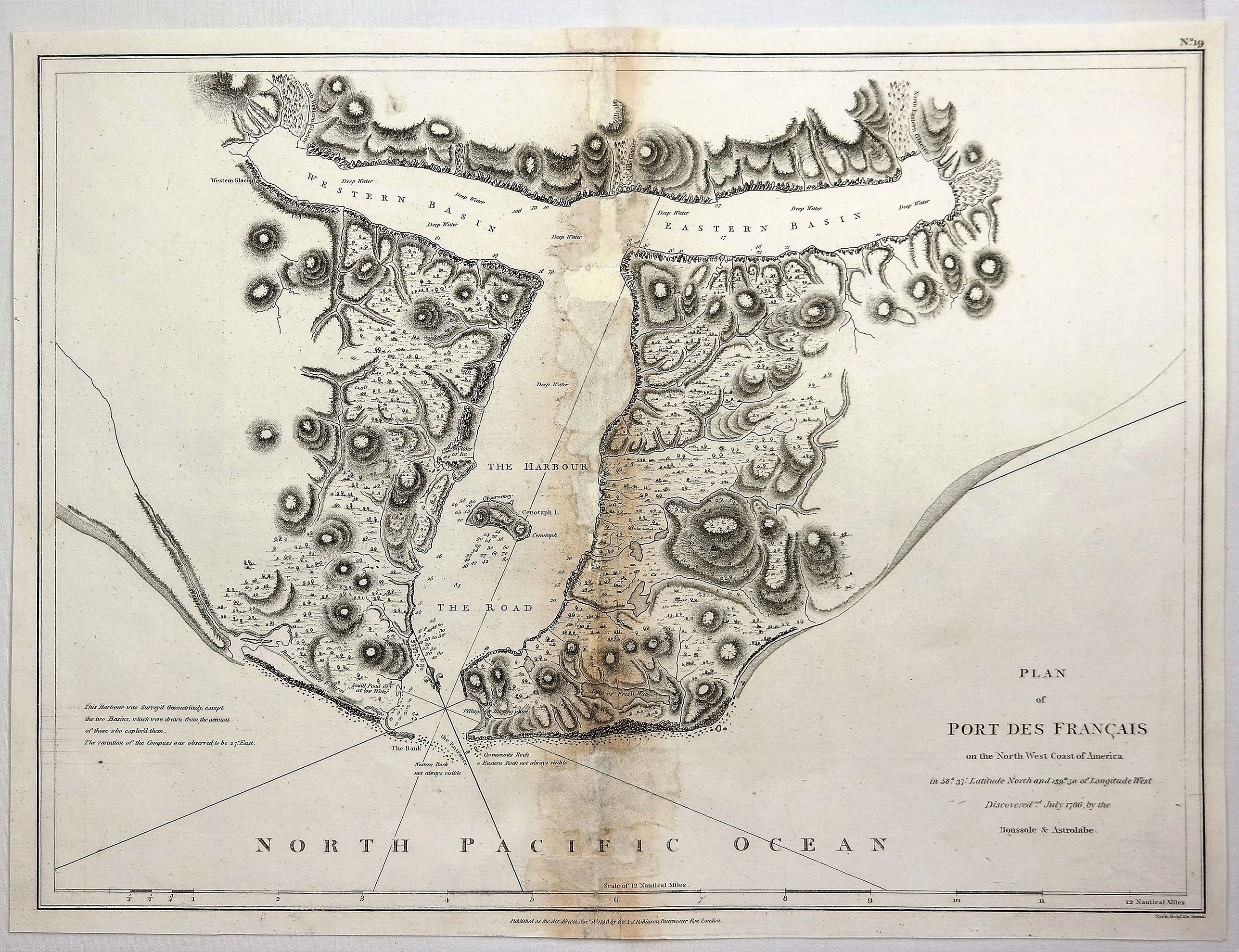 LA PEROUSE, J., Plan of Port des Francais on the North West Coast of America in 58° 37’ Latitude North and 139° 50 of Longitude West Discovered in July, 1786. . ., antique map, old maps