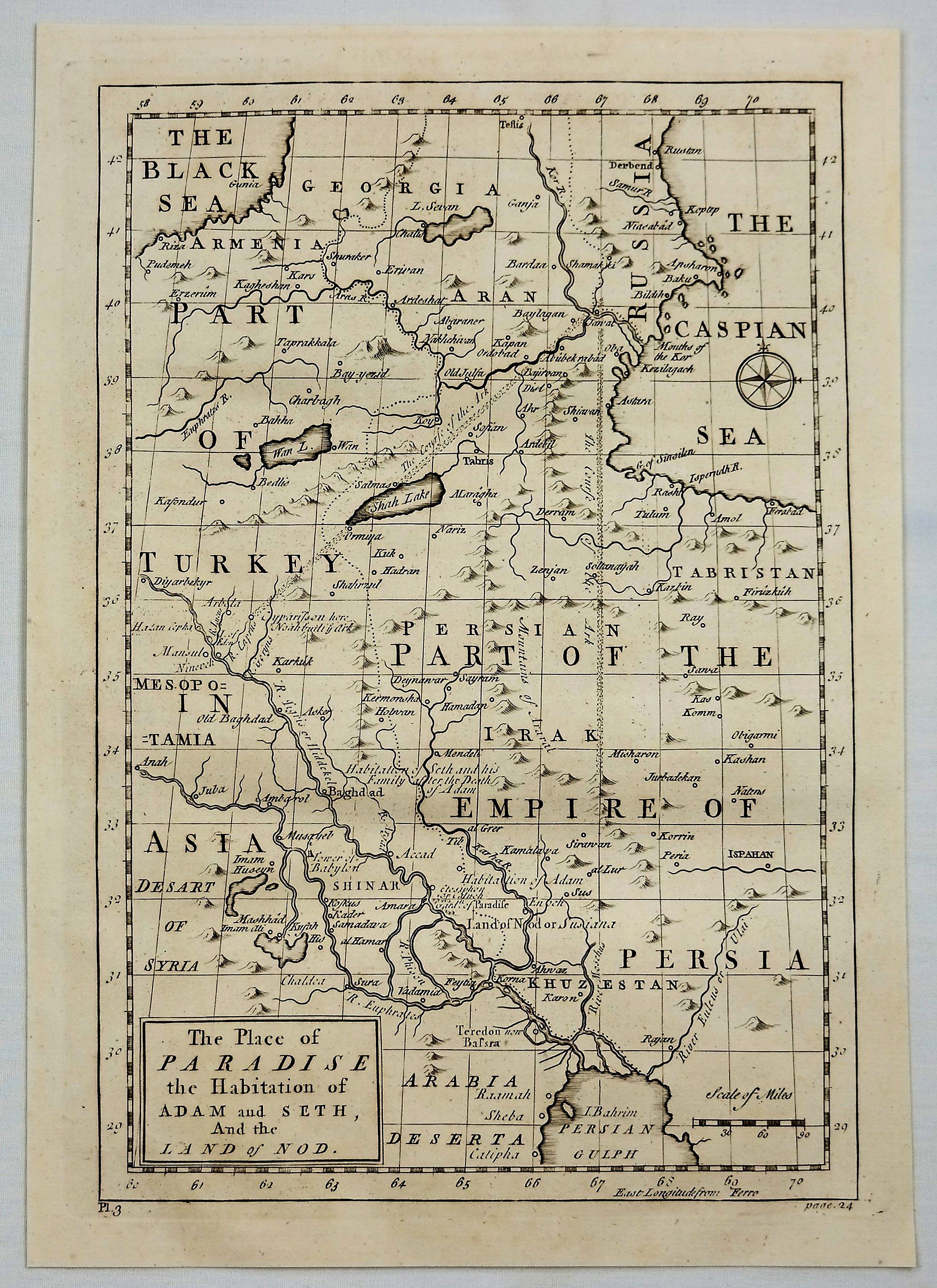 STACKHOUSE, Thomas., The Place of Paradise the Habitation of Adam and Seth and the Land of Nod., antique map, old maps