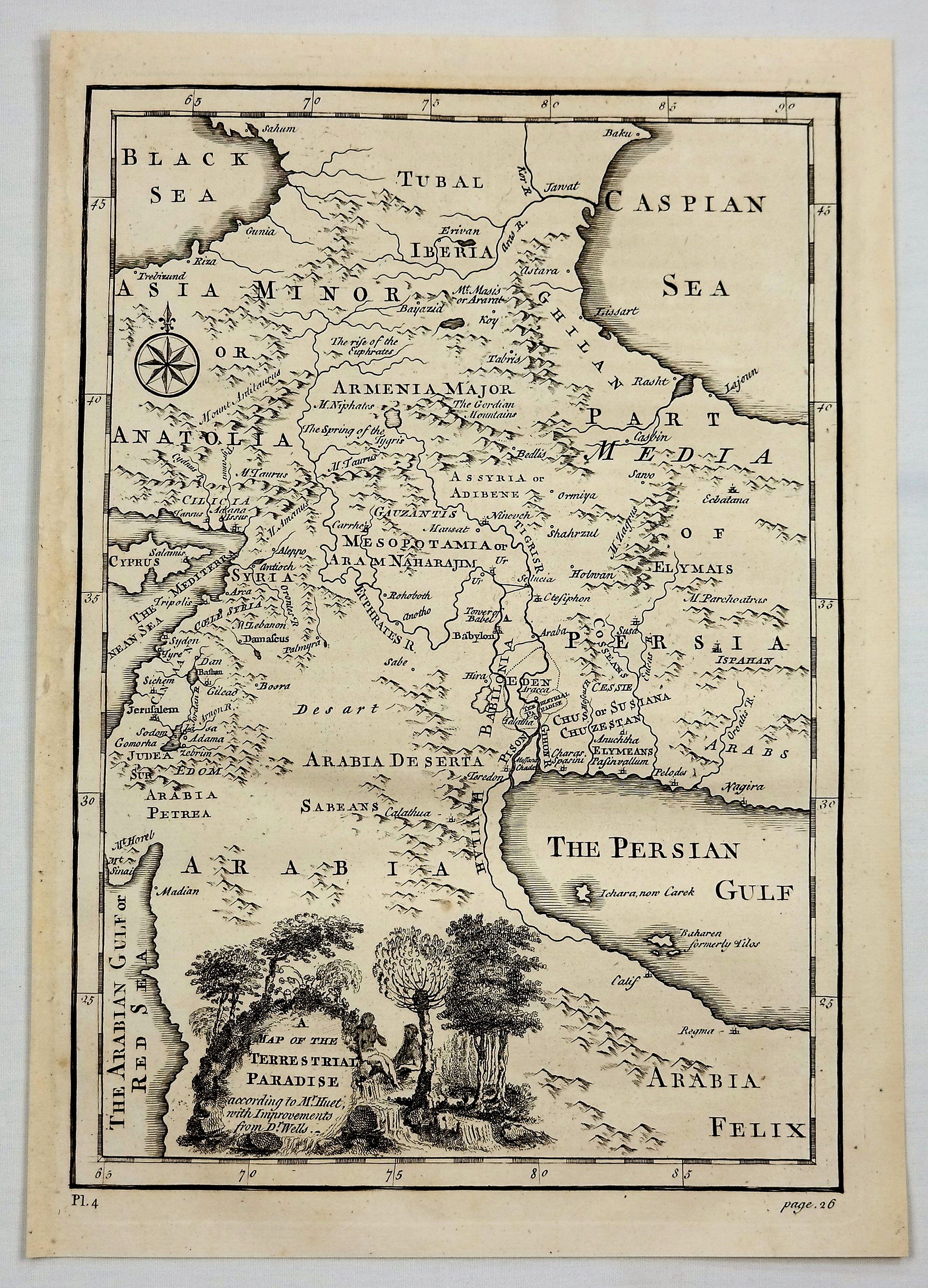 STACKHOUSE, Thomas., A Map of the Terrestrial Paradise According to Mr. Huet with Improvements from Dr. Wells., antique map, old maps