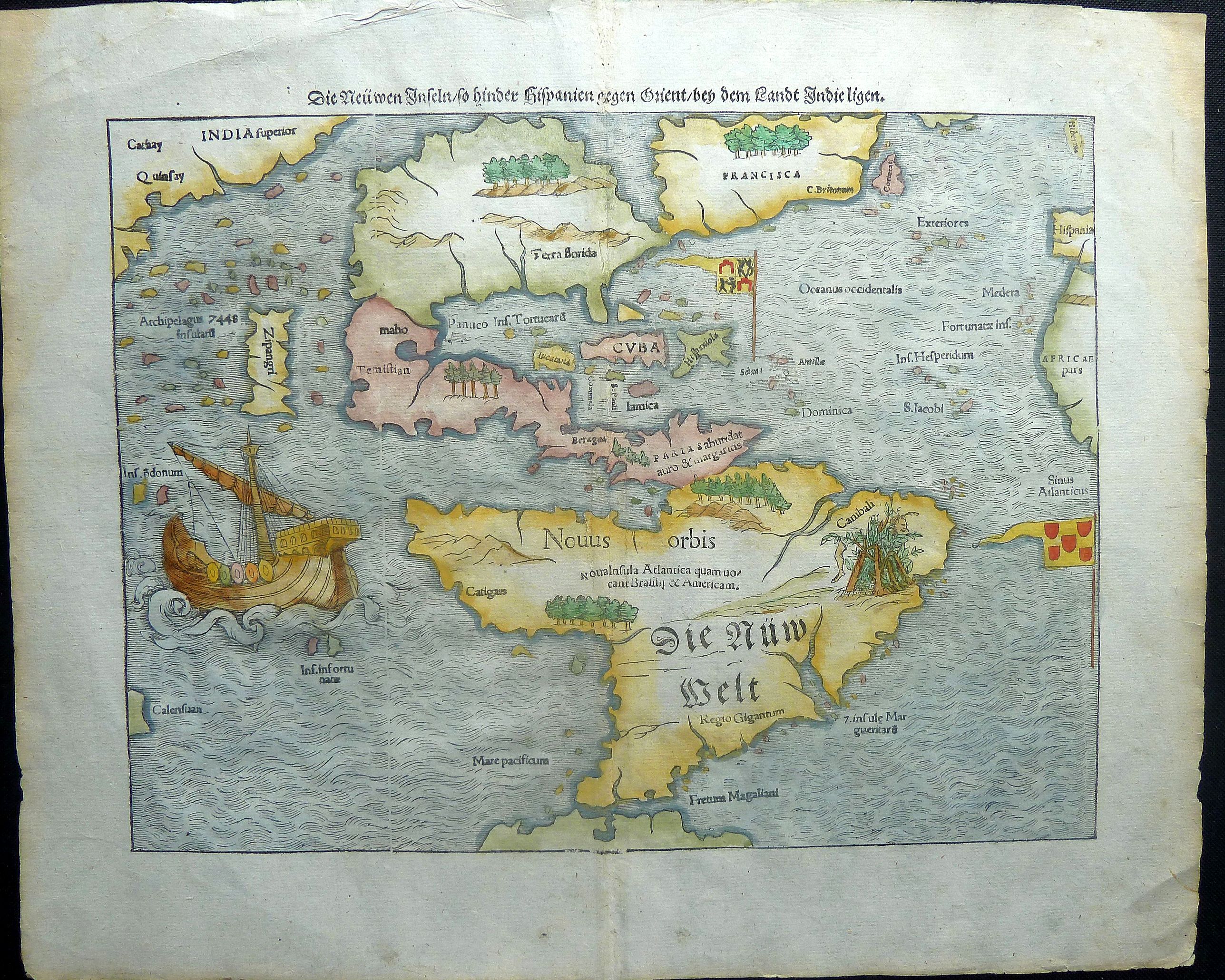 Münster, Sebastian., America. Die Neüwen Inseln so hinder Hispanien gegen Orient, bey dem Landt Indie ligen., antique map, old maps