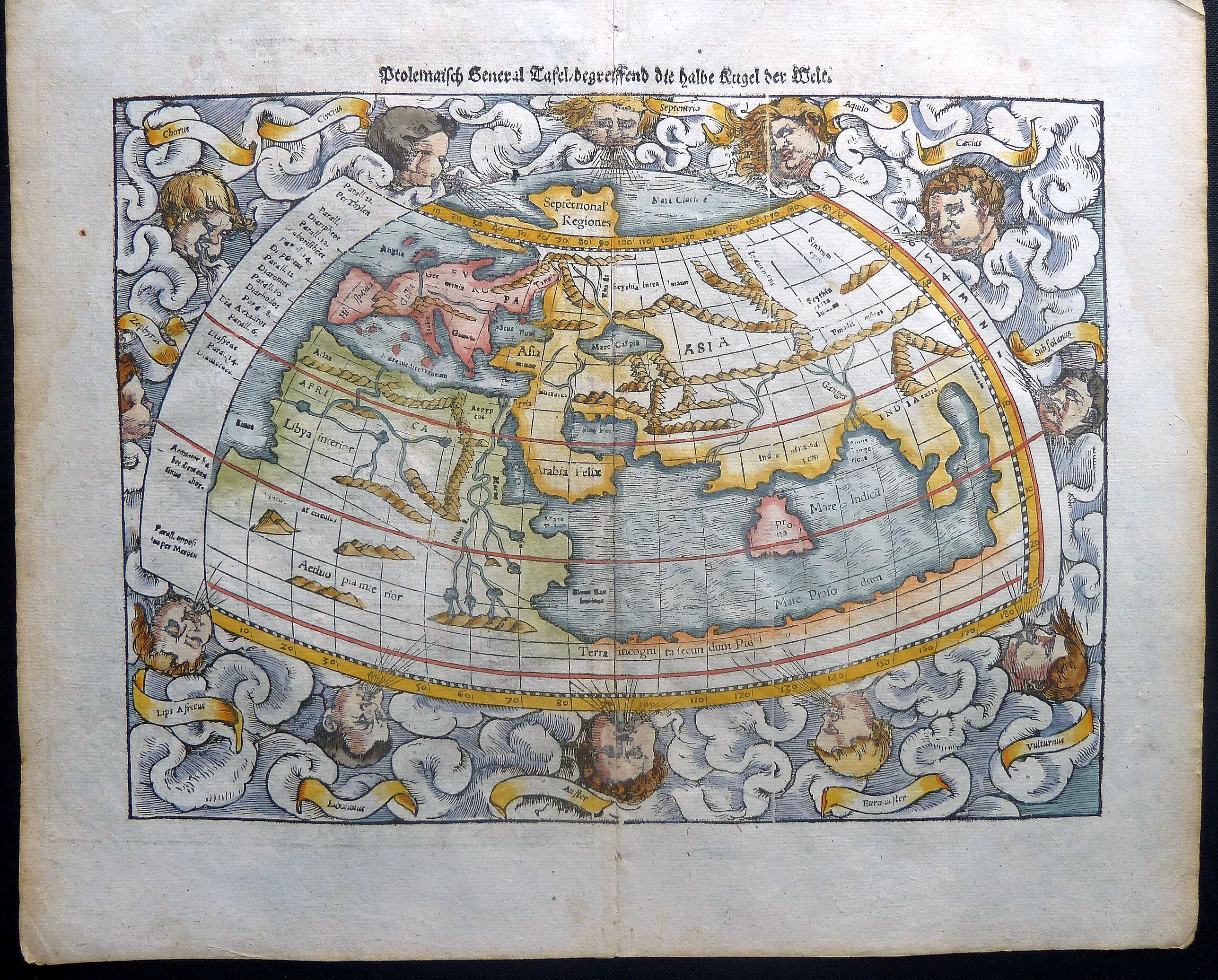Münster, Sebastian., Ptolemaisch general tafel, begreiffend die halbe Kugel der Welt., antique map, old maps