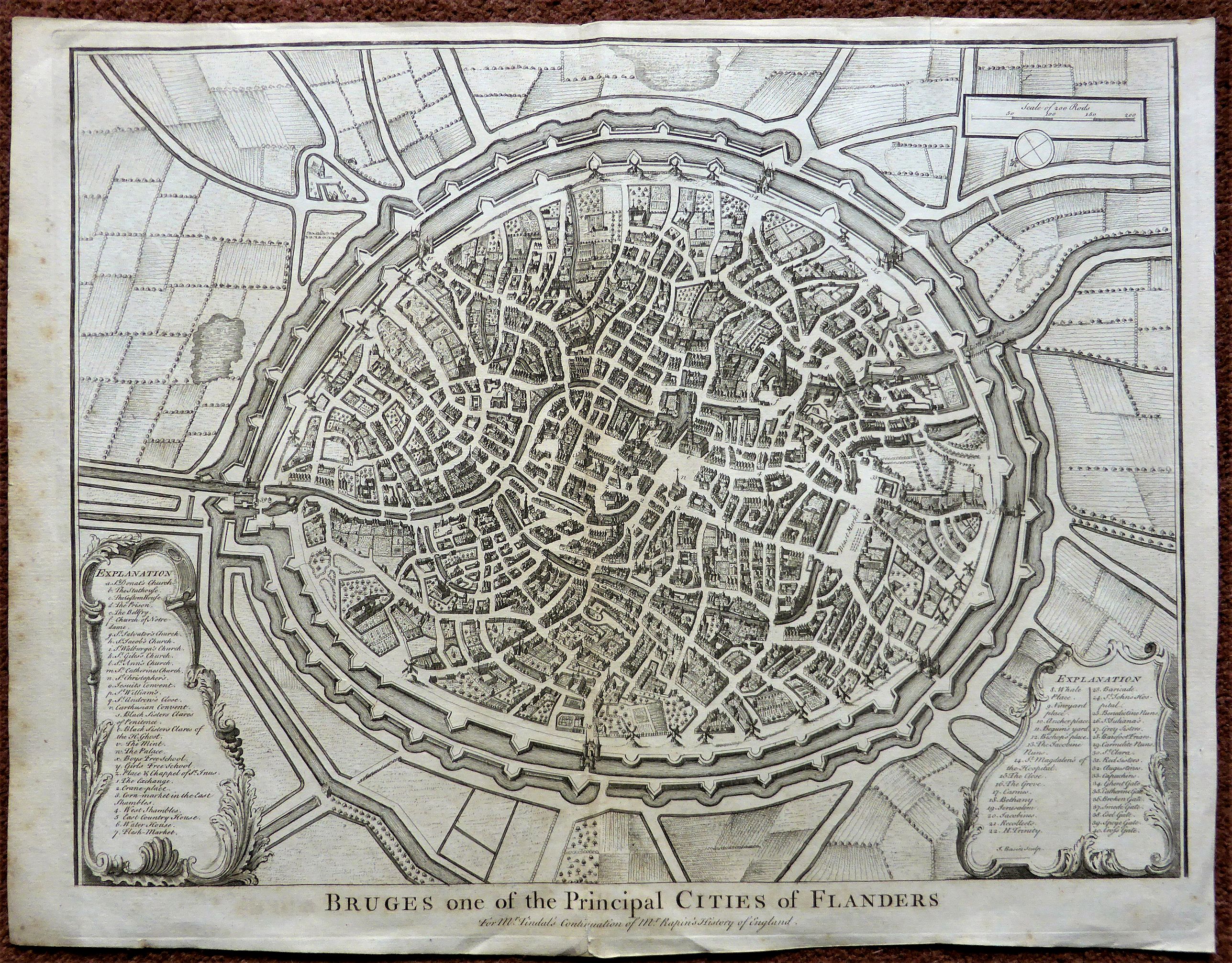 Issac Basire. , Bruges one of the Principal Cities of Flanders., antique map, old maps