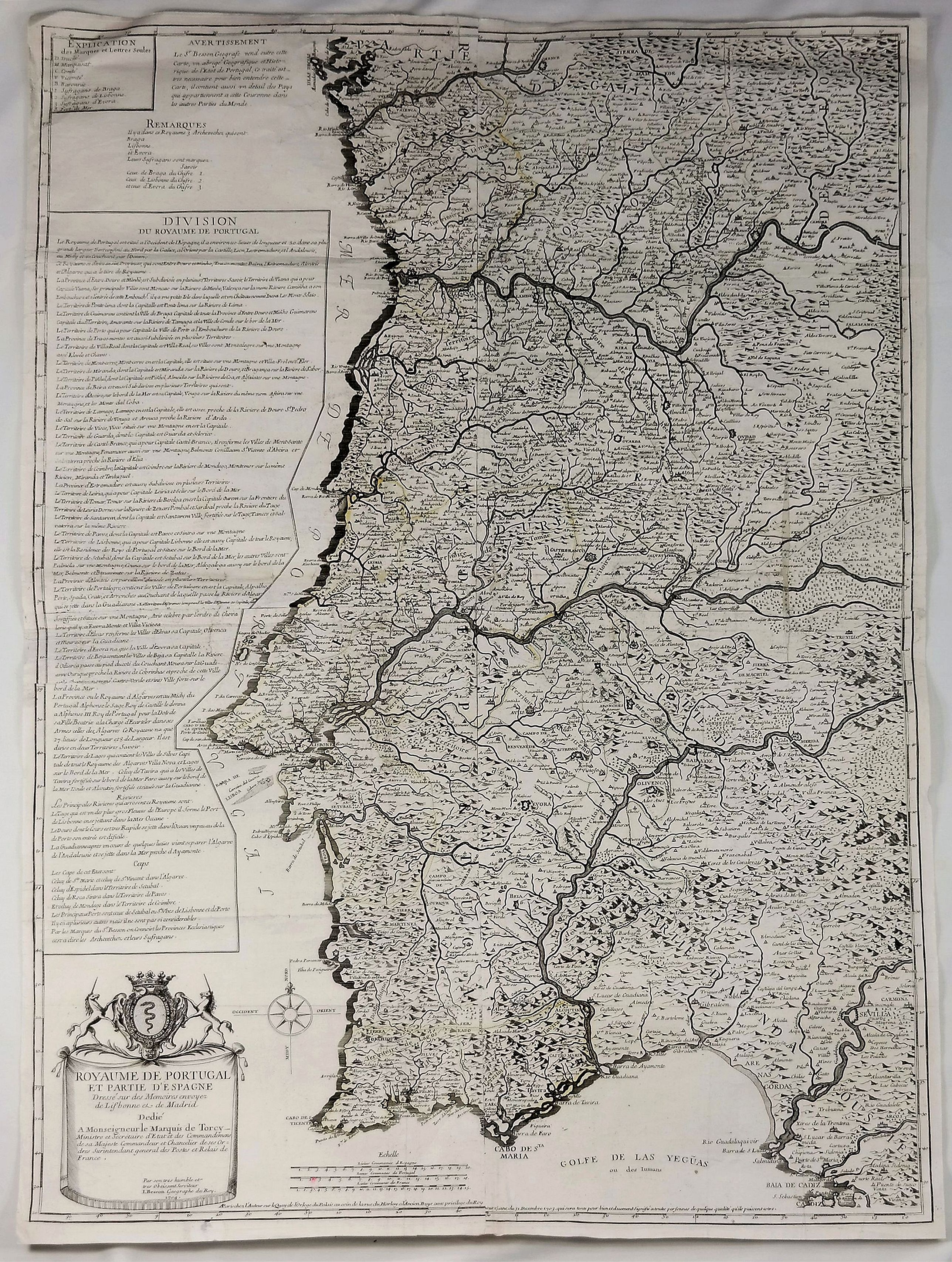 BESSON, J., Royaume de Portugal et Partie D’Espagne Dresse sur des Memoires Envoyez de Lisbonne et de Madrid., antique map, old maps