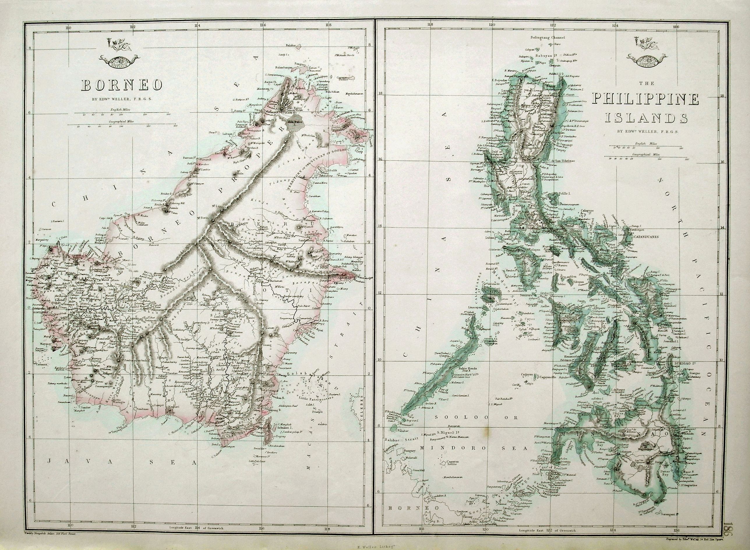 WELLLER, E., Borneo; The Philippine Islands., antique map, old maps
