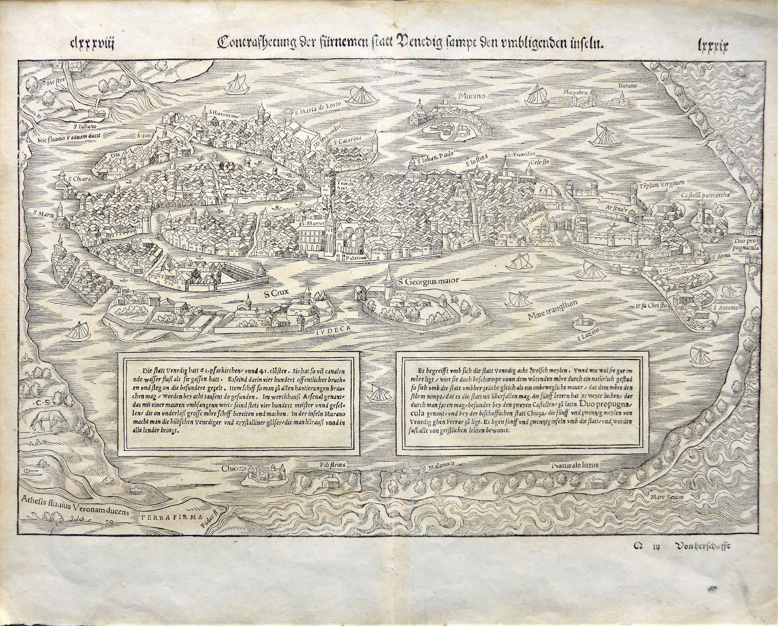 MUNSTER, Sebastian., Contrafehtung der fürnemmen Statt Venedig, sampt den umbligenden Inseln. , antique map, old maps