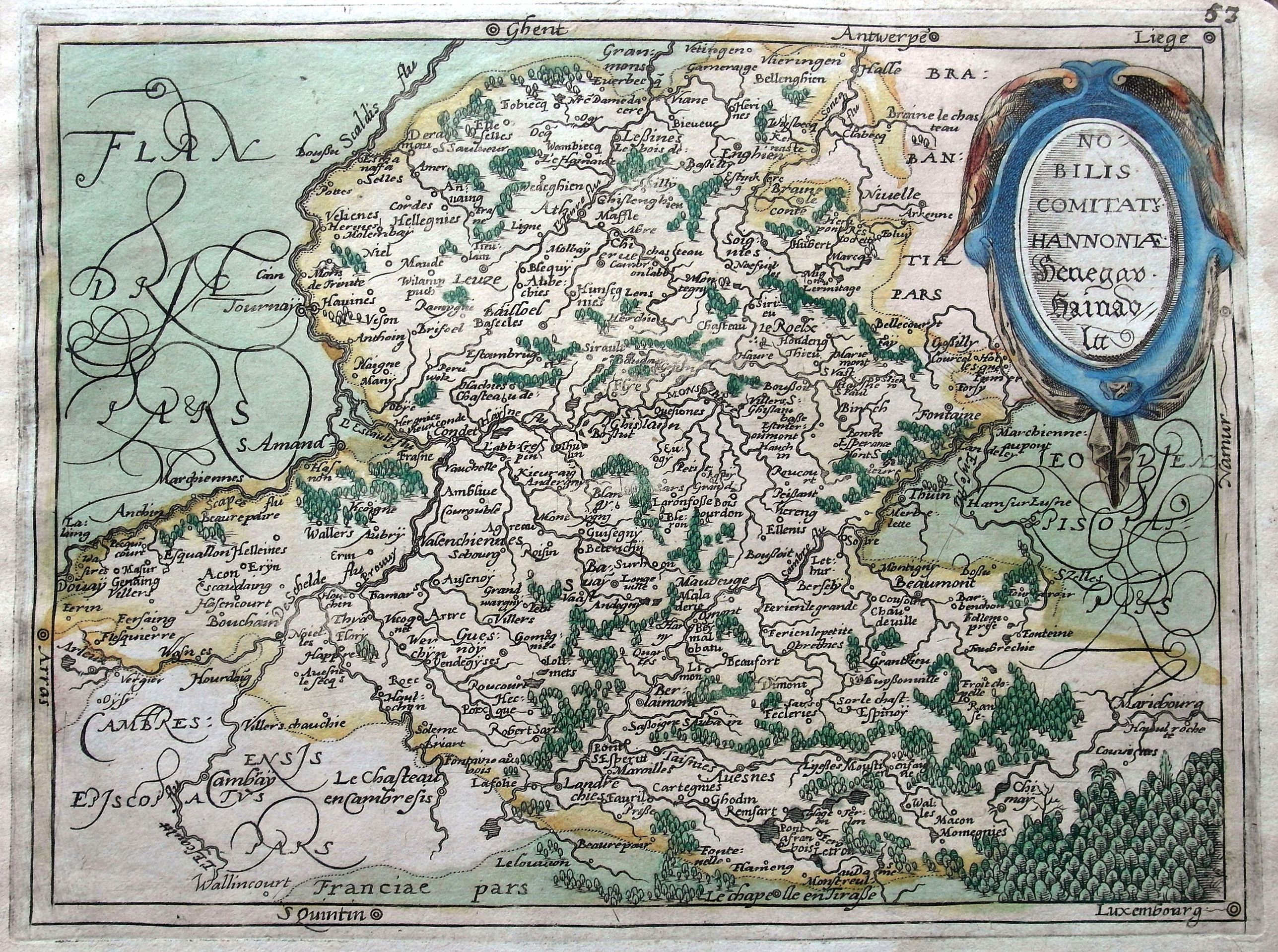 HOGENBERG, F., Nobilis comitatus Hannoniae Henegau Hainau Lu., antique map, old maps