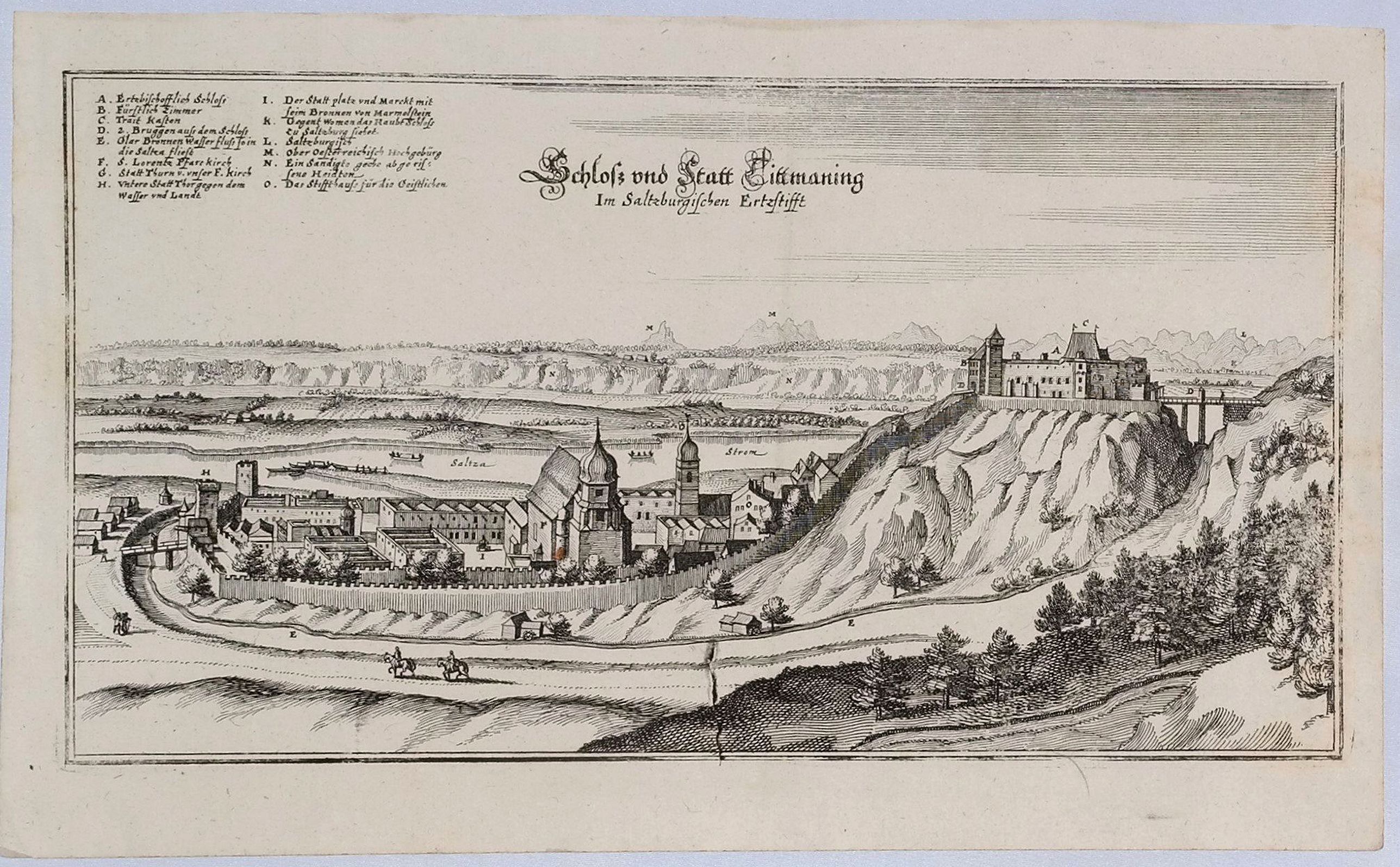 MERIAN, M., Schloss und Statt Tittmaning im Saltzburgischen Erzstifft., antique map, old maps