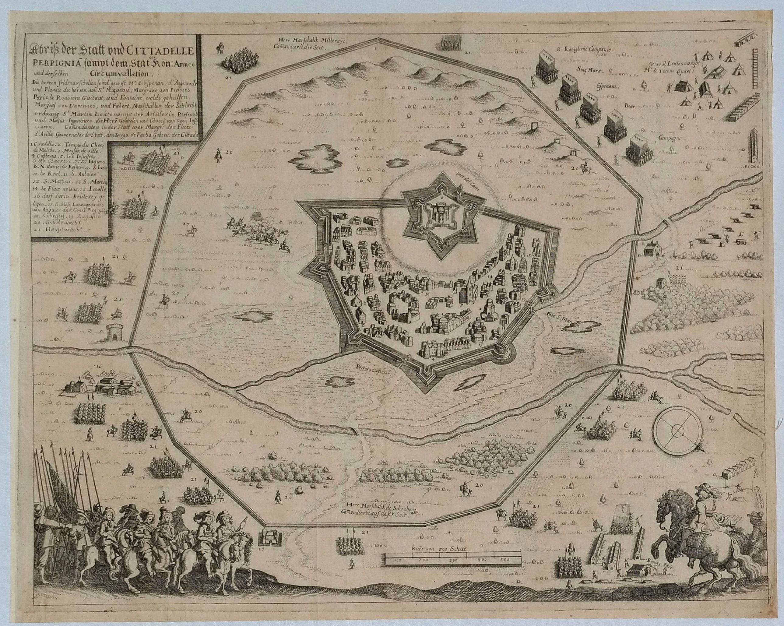 MERIAN, M., Abriss der Statt und Cittadelle Perpignia sampt dem Stat der Kön. Armee und Derselben Circumvallation. , antique map, old maps