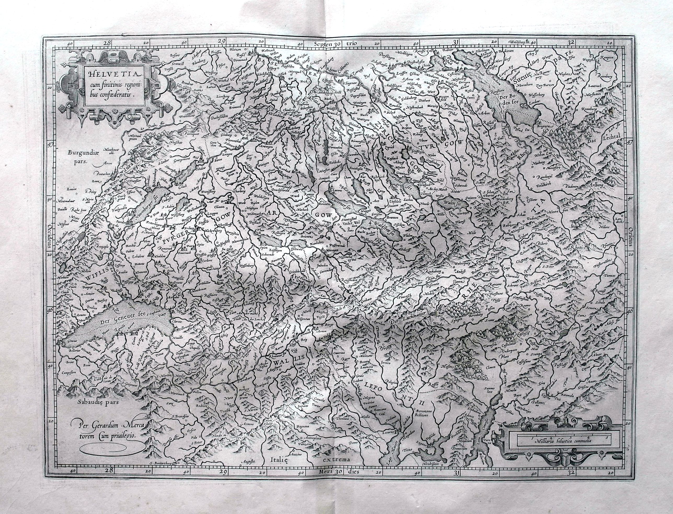MERCATOR, G., Helvetia cum finitimis regionibus confederatis., antique map, old maps