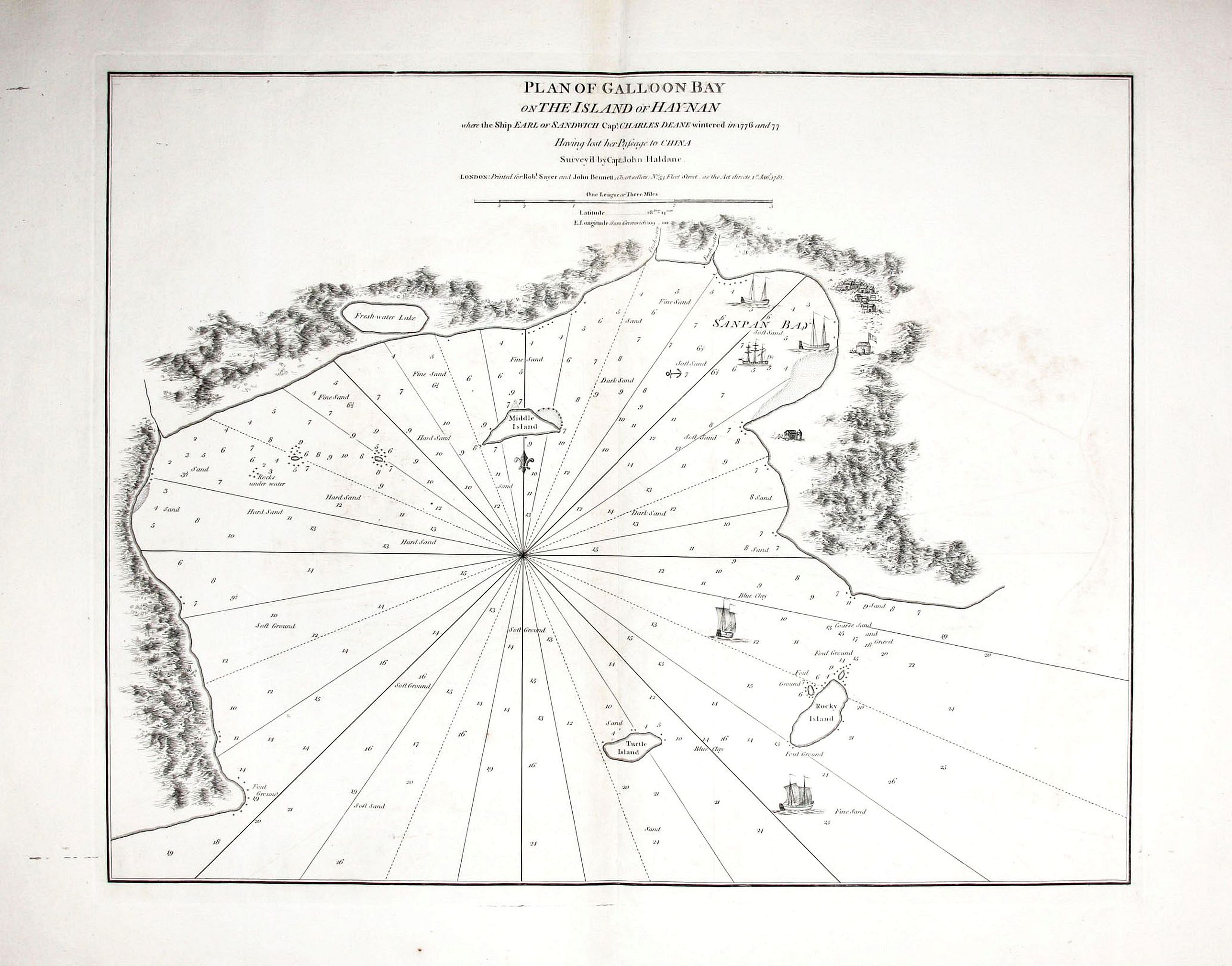 SAYER & BENNETT/ HALDAN, Capt. John., Plan of Galloon Bay On The Island of Hay-Nan where the Ship Earl of Sandwich Capt. Charles Deane wintered in 1776 and 77 Having lost her Passage to China Survey’d by Capt. John Haldane…., antique map, old maps