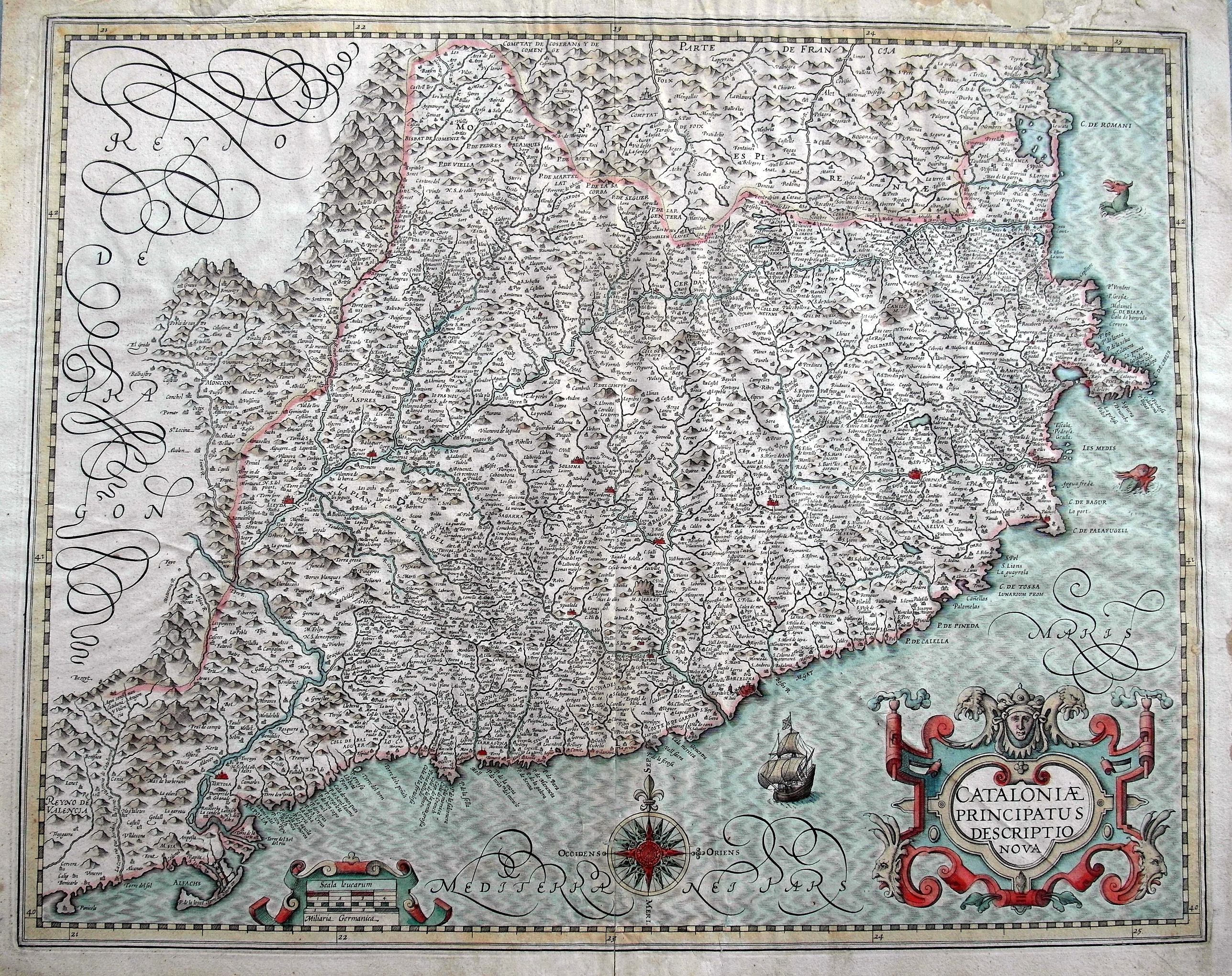 HONDIUS, J., Cataloniae Principatus Descriptio Nova., antique map, old maps