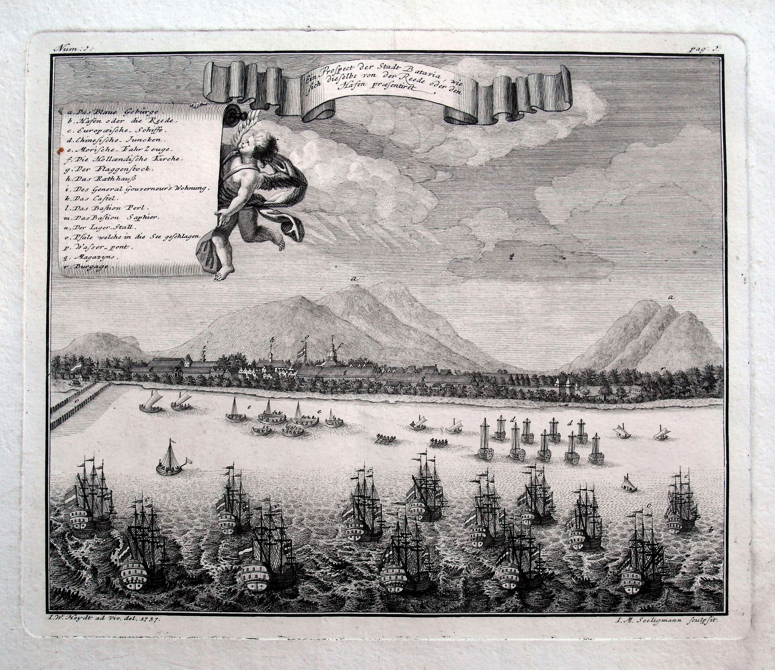 HEYDT, J. W., Ein Prospect der Stadt Batavia, wie sich dieselbe von der Reede oder dem Hafen praesentiret., antique map, old maps