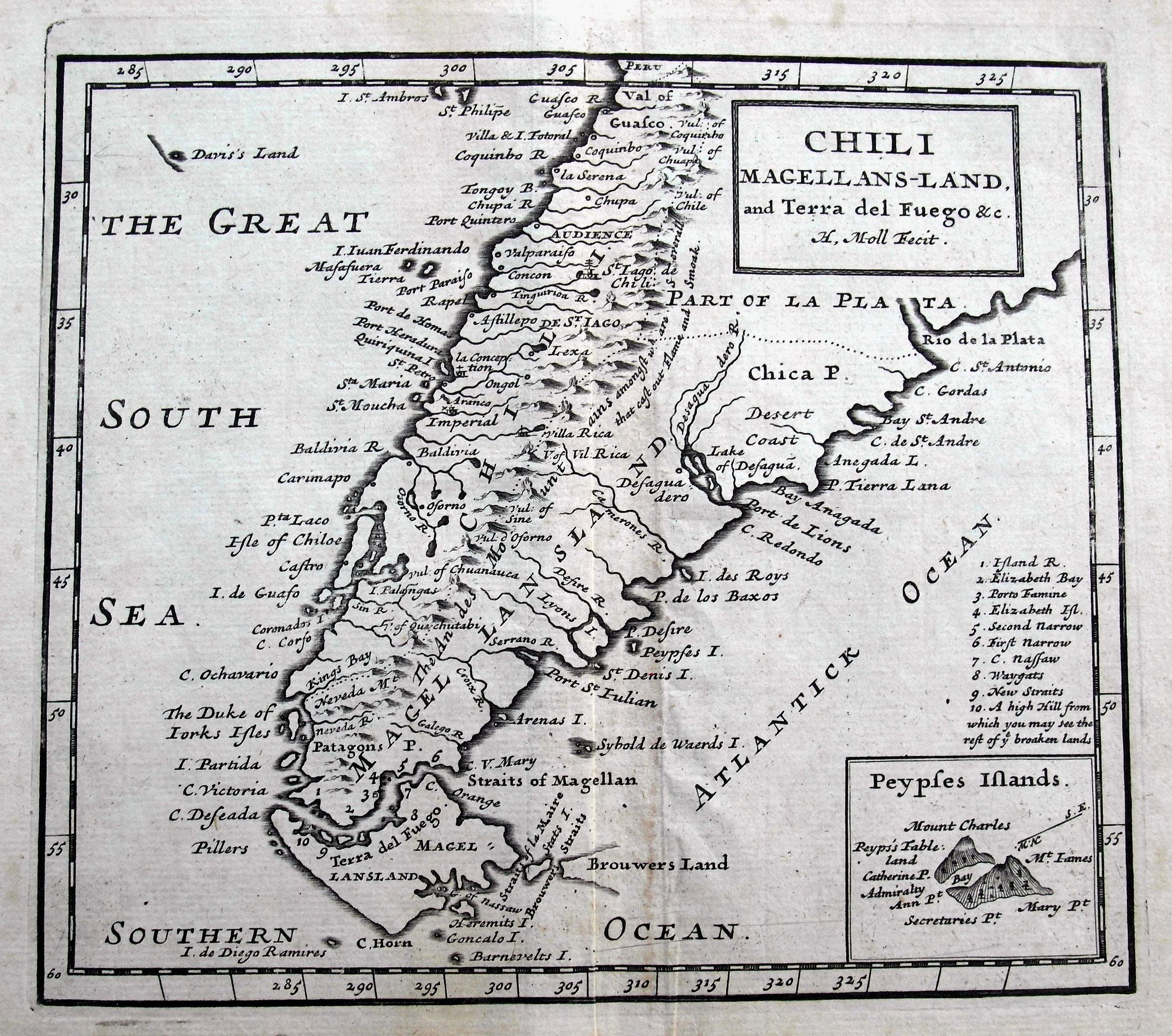 MOLL, Herman., Chili Magellans-Land, and Terra del Fuego &c., antique map, old maps