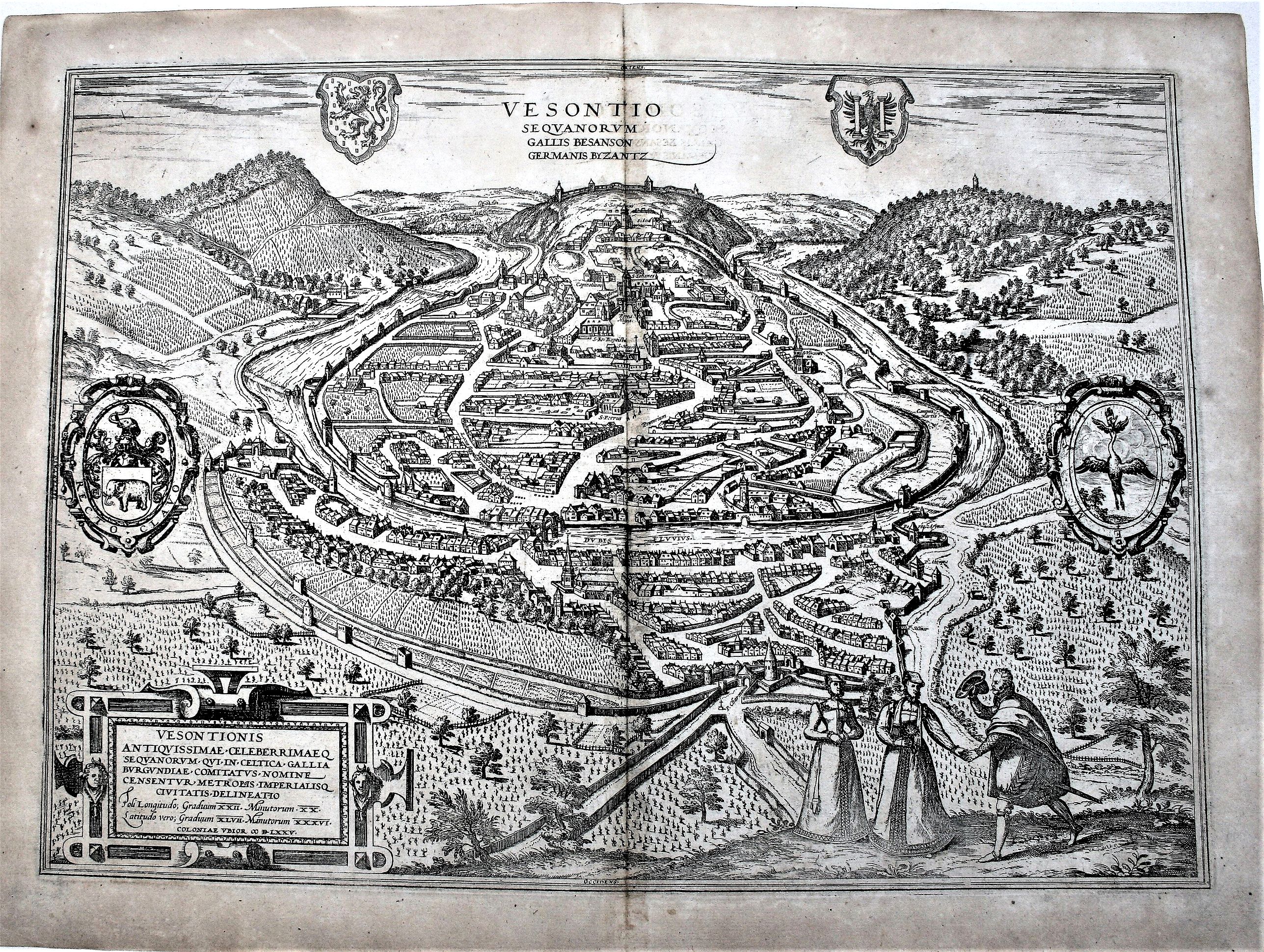 BRAUN, G. & HOGENBERG, F., Vesontio Sequanorum Gallis Bensan son Germanis Byzantz. (Bensançon), antique map, old maps