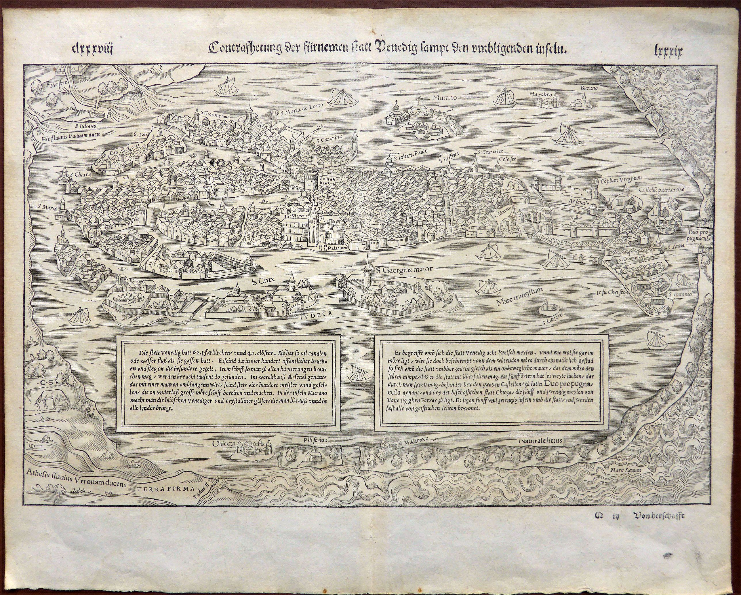 MUNSTER, Sebastian. , Contrafehtung der fürnemmen Statt Venedig, sampt den umbligenden Inseln. , antique map, old maps