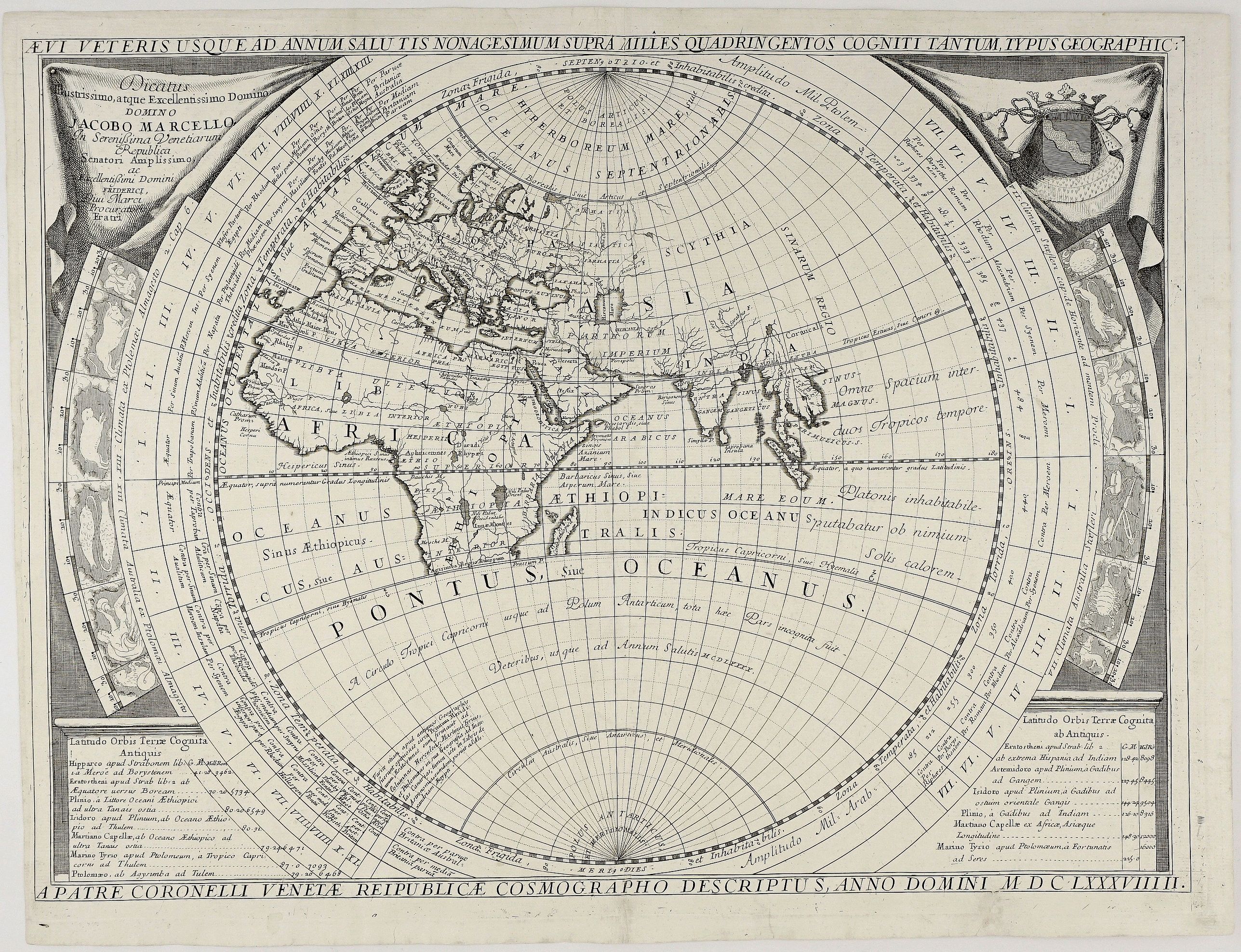 CORONELLI, V. M., Aevi Veteris Usque Ad Annum Salutis Nonagesimum Supra Milles Quaringentos Cogniti Tantum Typus Geogrpahic:… MDCLXXXVIIIII., antique map, old maps
