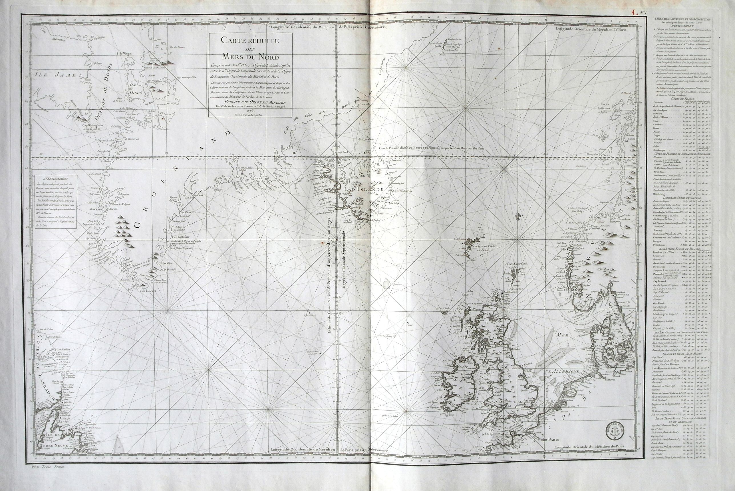 BELLIN, J. N., Carte Réduite des Mers du Nord . . ., antique map, old maps