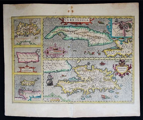HONDIUS, J. / MERCATOR, G, Cuba Insula, Hispaniola Insula, Insula Iamaica, Ins. S. Ioannis, Is. Margareta cum Confiniis., antique map, old maps