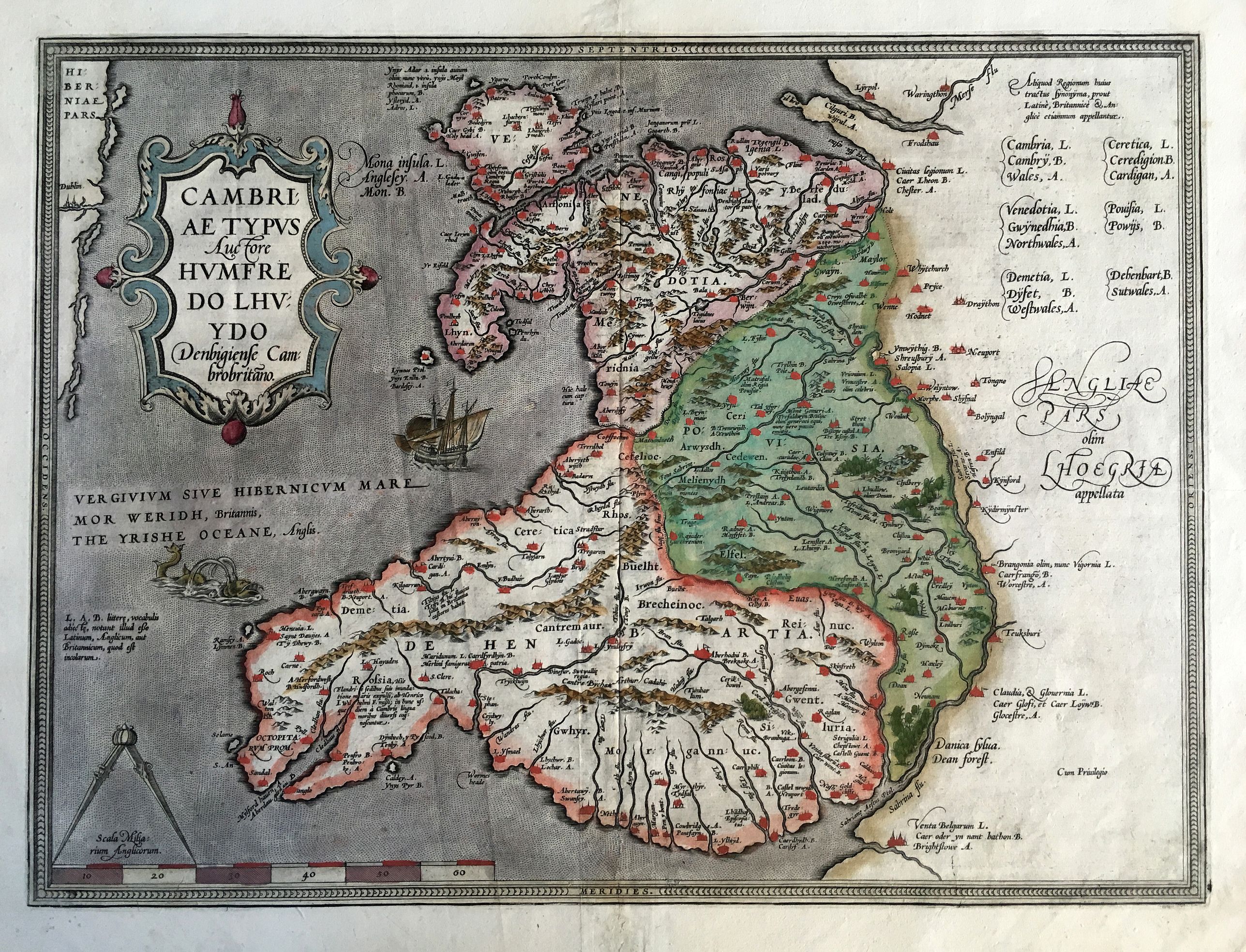 ORTELIUS, A., Cambria typus Auctore Hvmfredo lhvydo..., antique map, old maps
