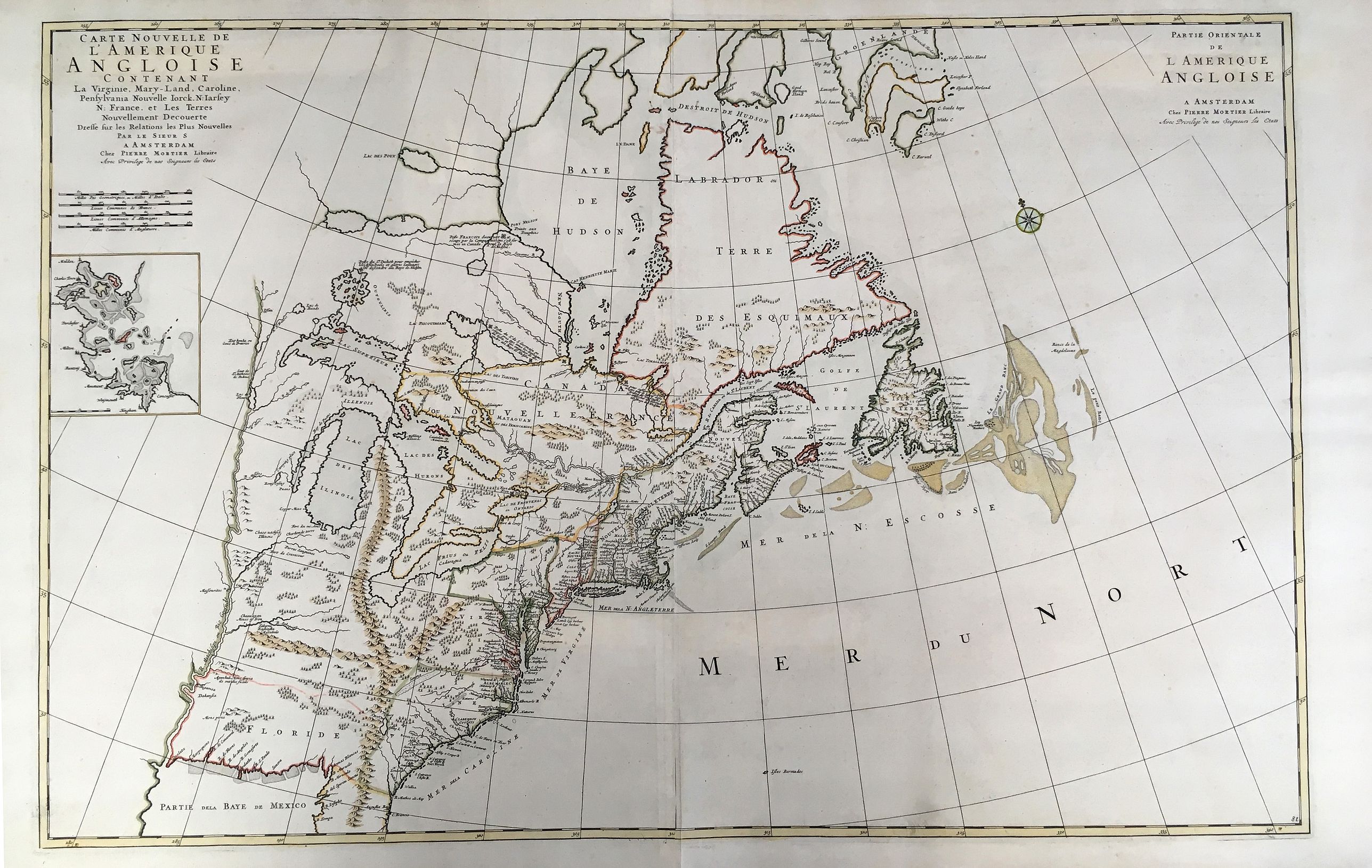 MORTIER, P., Carte Nouvelle de l'Amerique Angloise Contenant la Virginie, Mary-Land, Caroline, Pensylvania, Nouvelle Iorck, N: Iarsey N: France, et les Terres Nouvellement Decoverte . . .' , antique map, old maps
