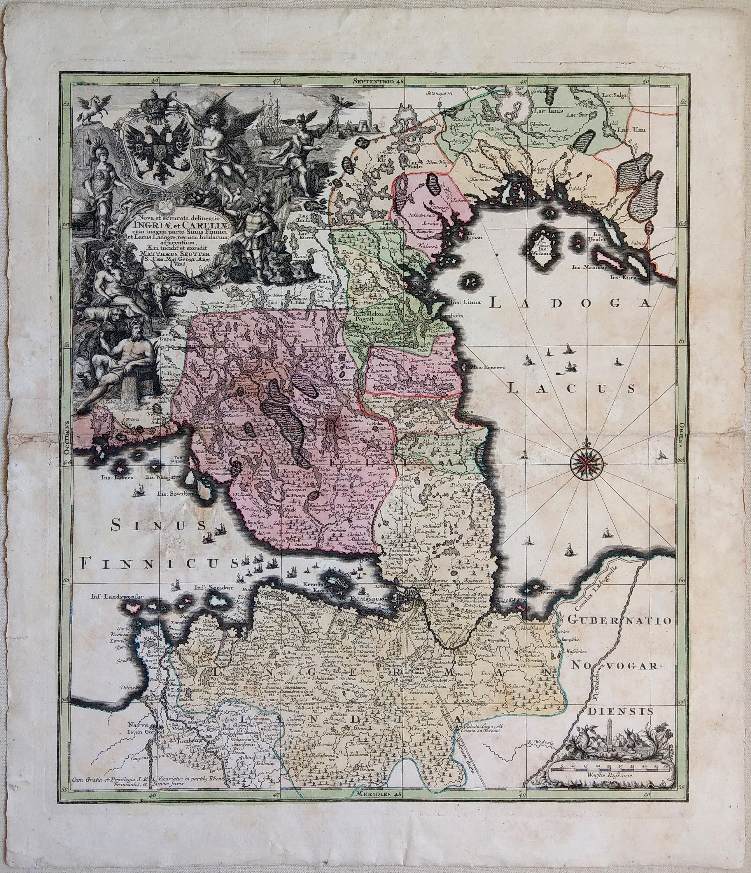 SEUTTER, M., Nova et accurata delineatio Ingriae et Careliae cum magna parte Sinus Finnici et Lacus Ladogae, nec non Insularum adjacentium, antique map, old maps