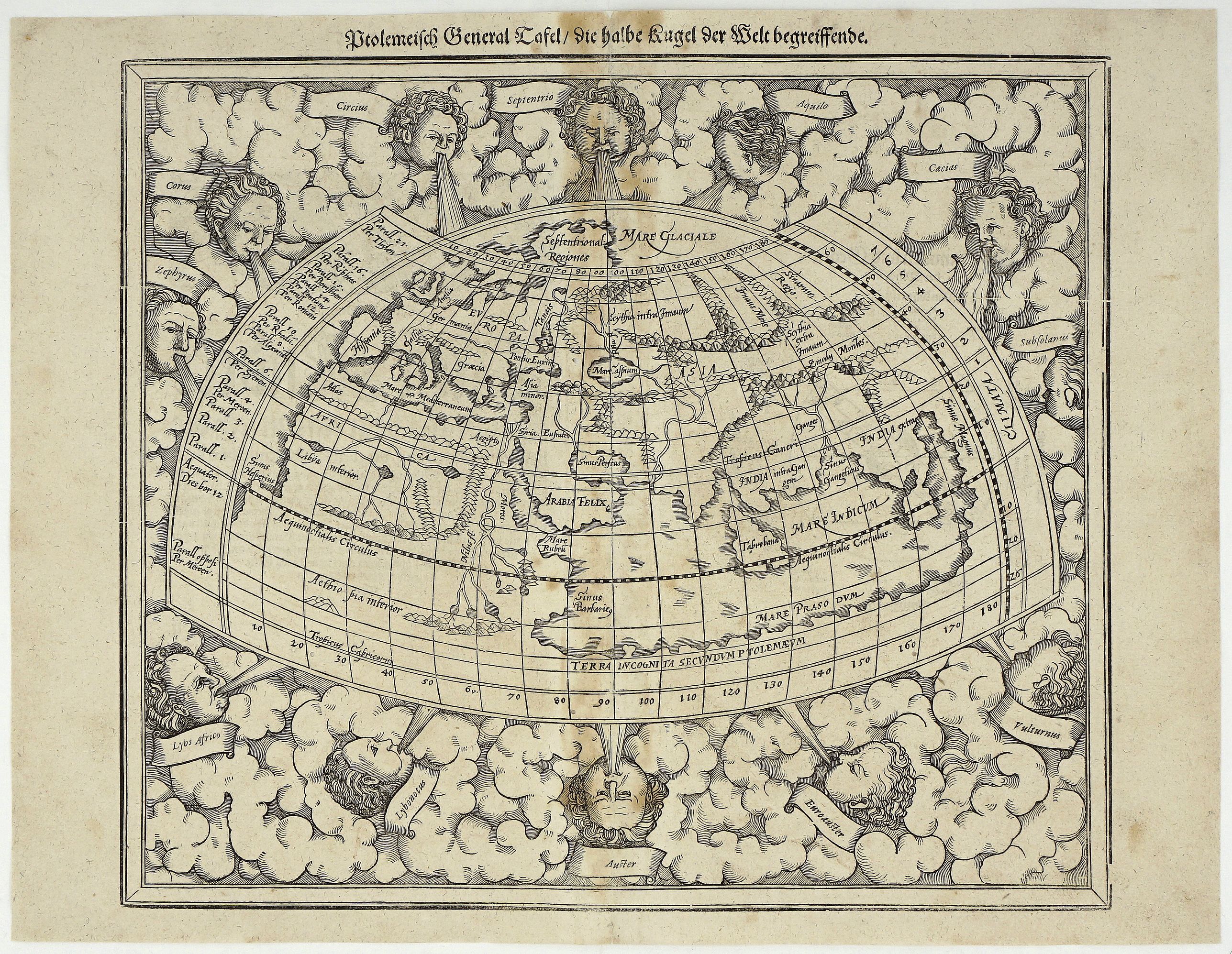 MÜNSTER, S., Ptolemeisch General Tafel, die Halbe Kugel der Welt Begreiffende., antique map, old maps