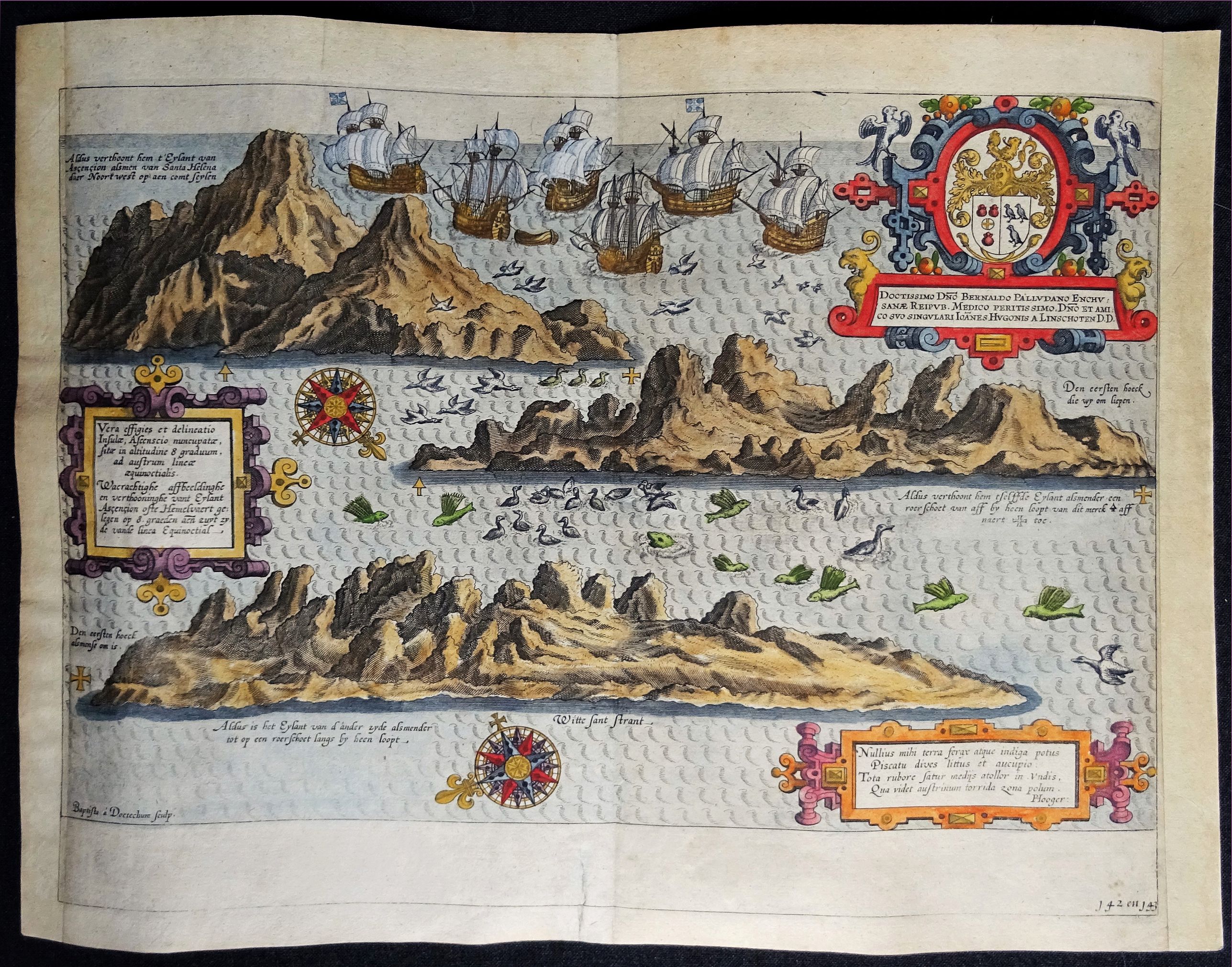 VAN DOETECUM, B. / VAN LINSCH, J. H. , Vera effigies et delineatio Insulae, Ascencio nuncupatae (...) Waerachtighe affbeeldinghe en verthooninghe vant Eylant Asçençion (...), antique map, old maps