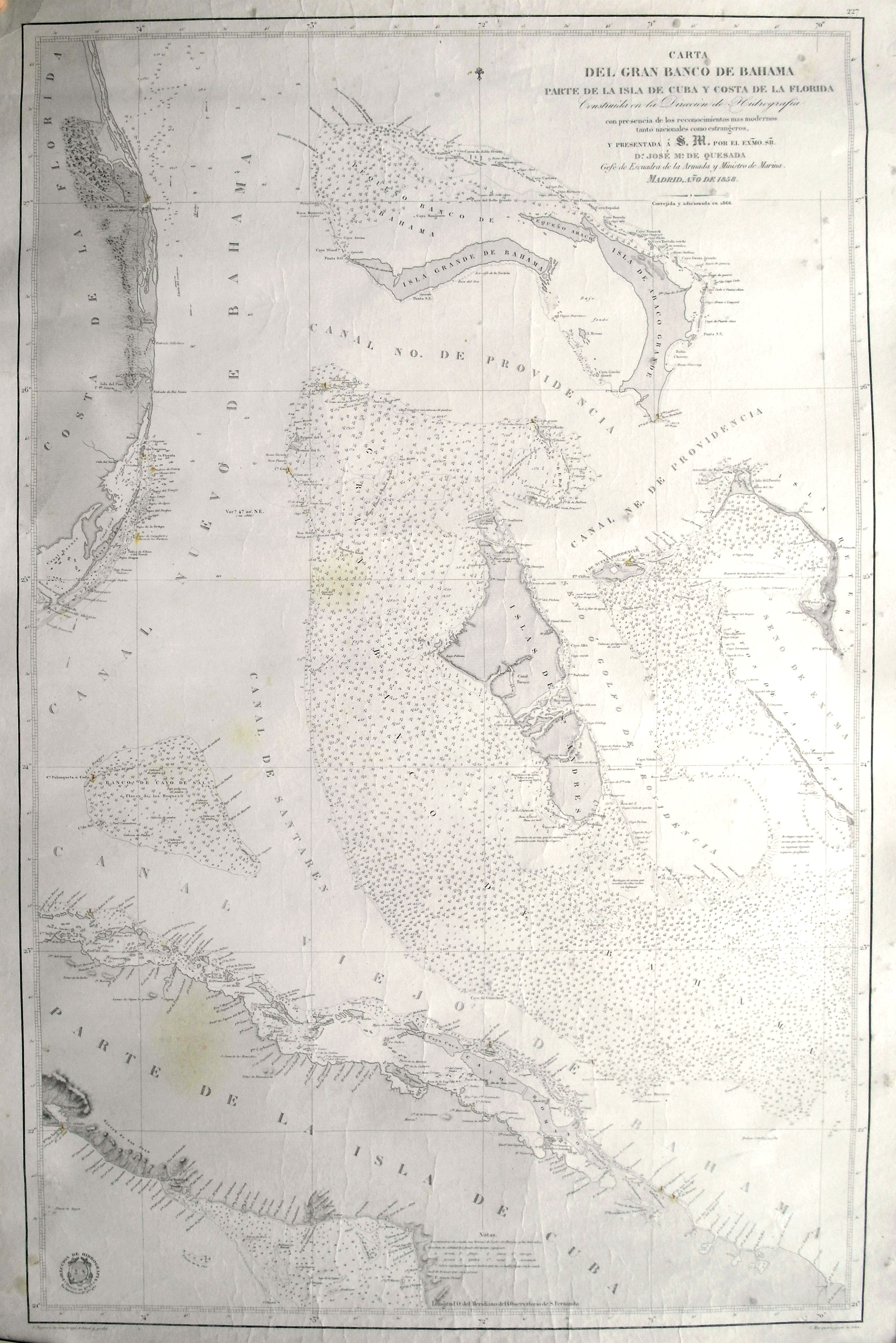 QUESADA, J. M., Carta del gran banco de Bahama parte de la isla de Cuba y costa de la Florida., antique map, old maps