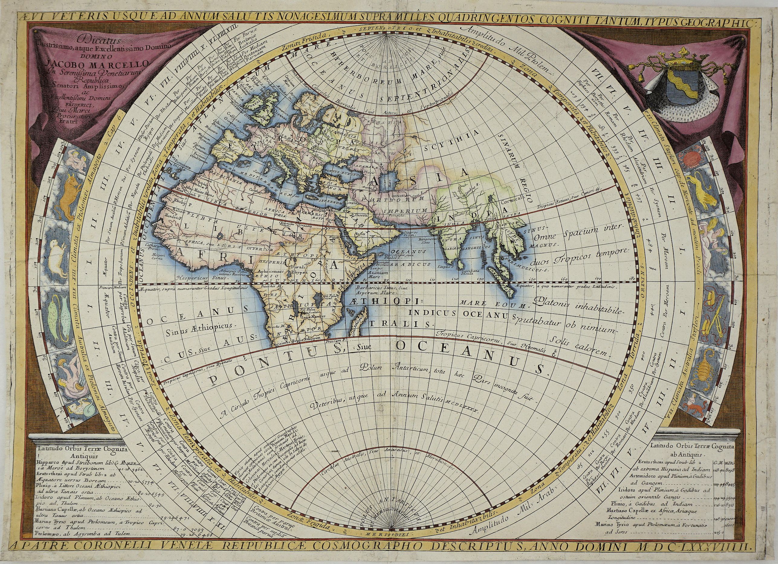 CORONELLI, V. M., Aevi Veteris Usque Ad Annum Salutis Nonagesimum Supra Milles Quaringentos Cogniti Tantum Typus Geographic: MDCLXXXVIIIII., antique map, old maps