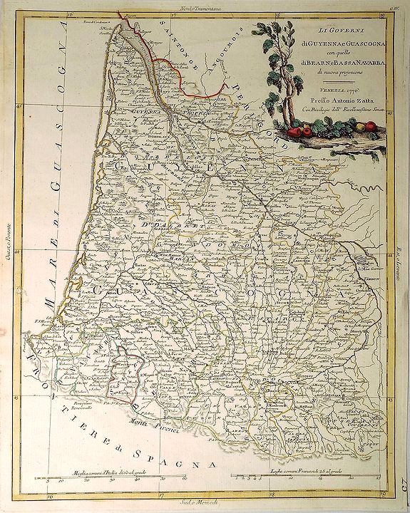 ZATTA, A., Li Governi di Guyenne e guascogna con quello de Bearn e Bassa Navarra. . ., antique map, old maps