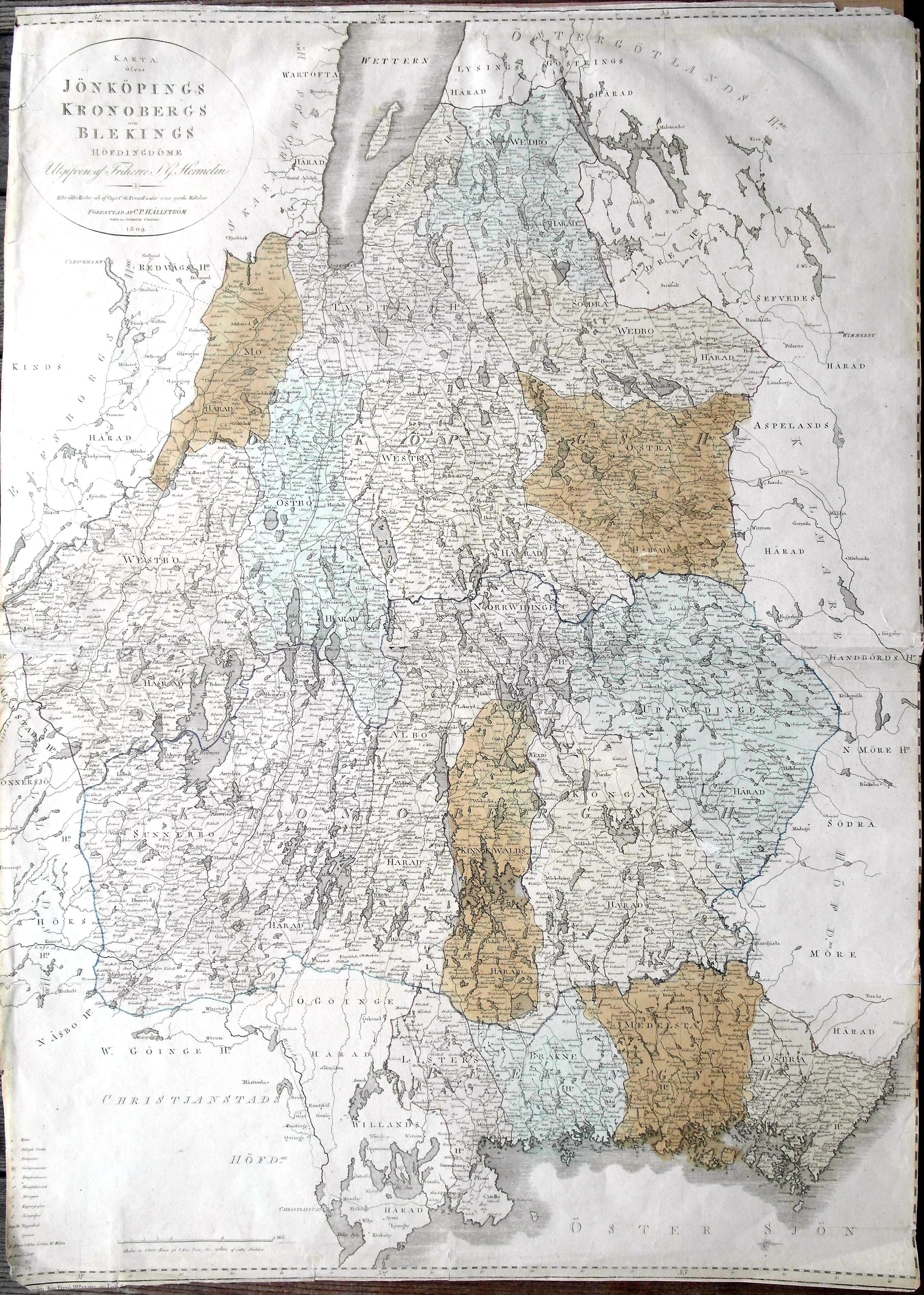 HÄLLSTRÖM, C. P., Karta öfver Jönköpings Kronobergs och Blekings Höfdingdöme utgifven af Friherre S. G. Hermelin., antique map, old maps