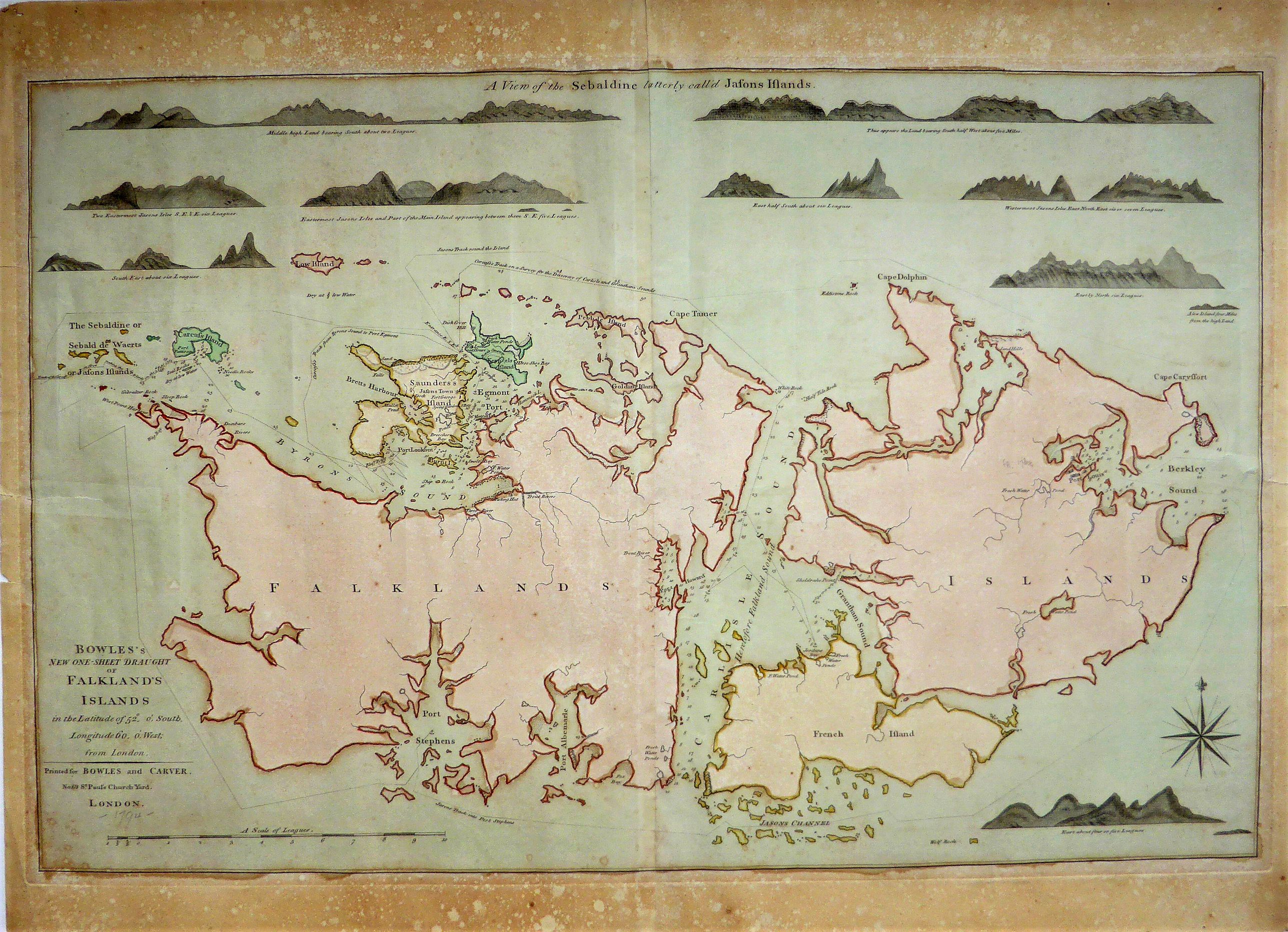 CARRINGTON BOWLES., Bowle's New One Sheet Draught of Falklands Islands. , antique map, old maps